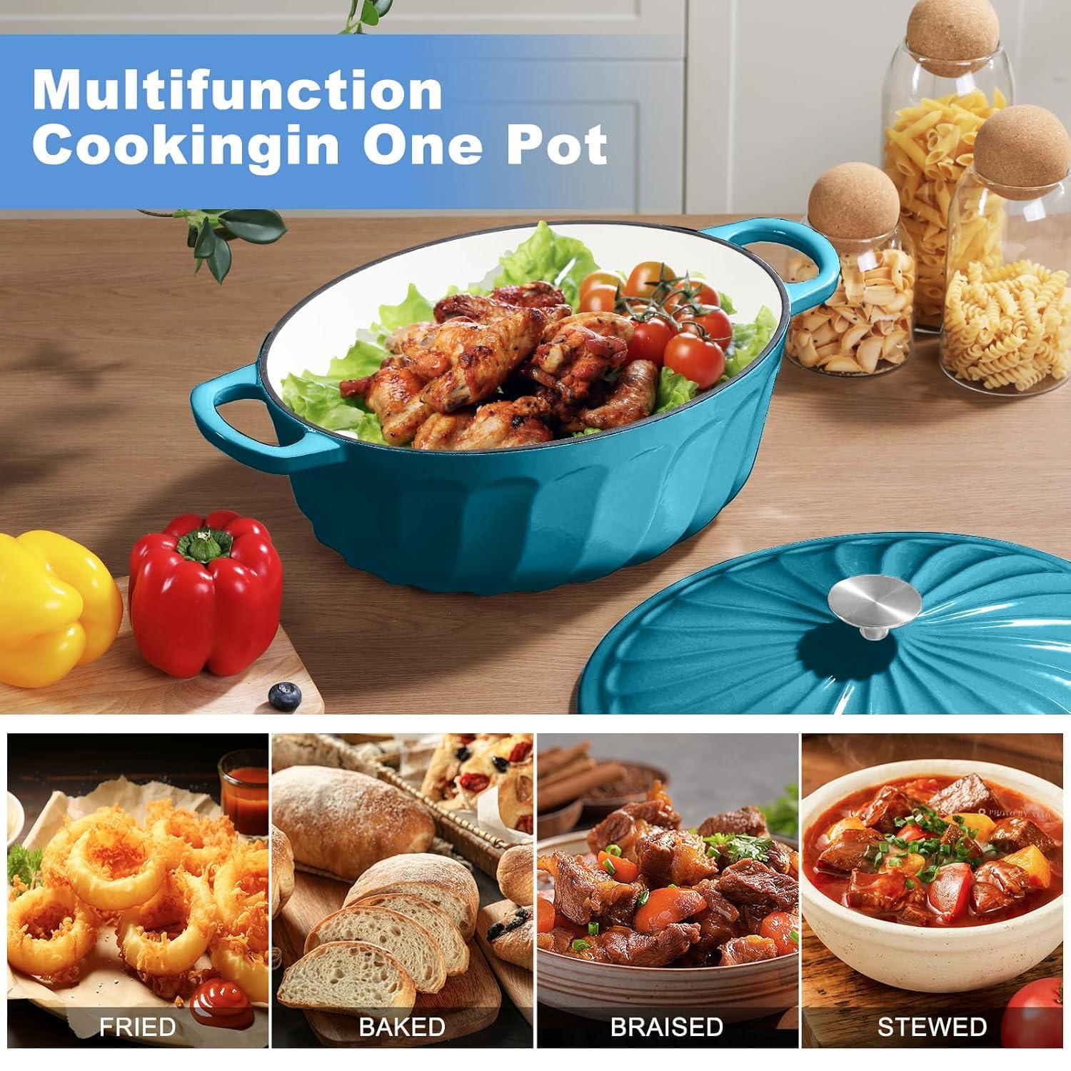 4 SEASONS FURNITURE 7 QT Enameled Cast Iron Oval Dutch Oven with Lid – Non-Stick Coating & Dual Handles
