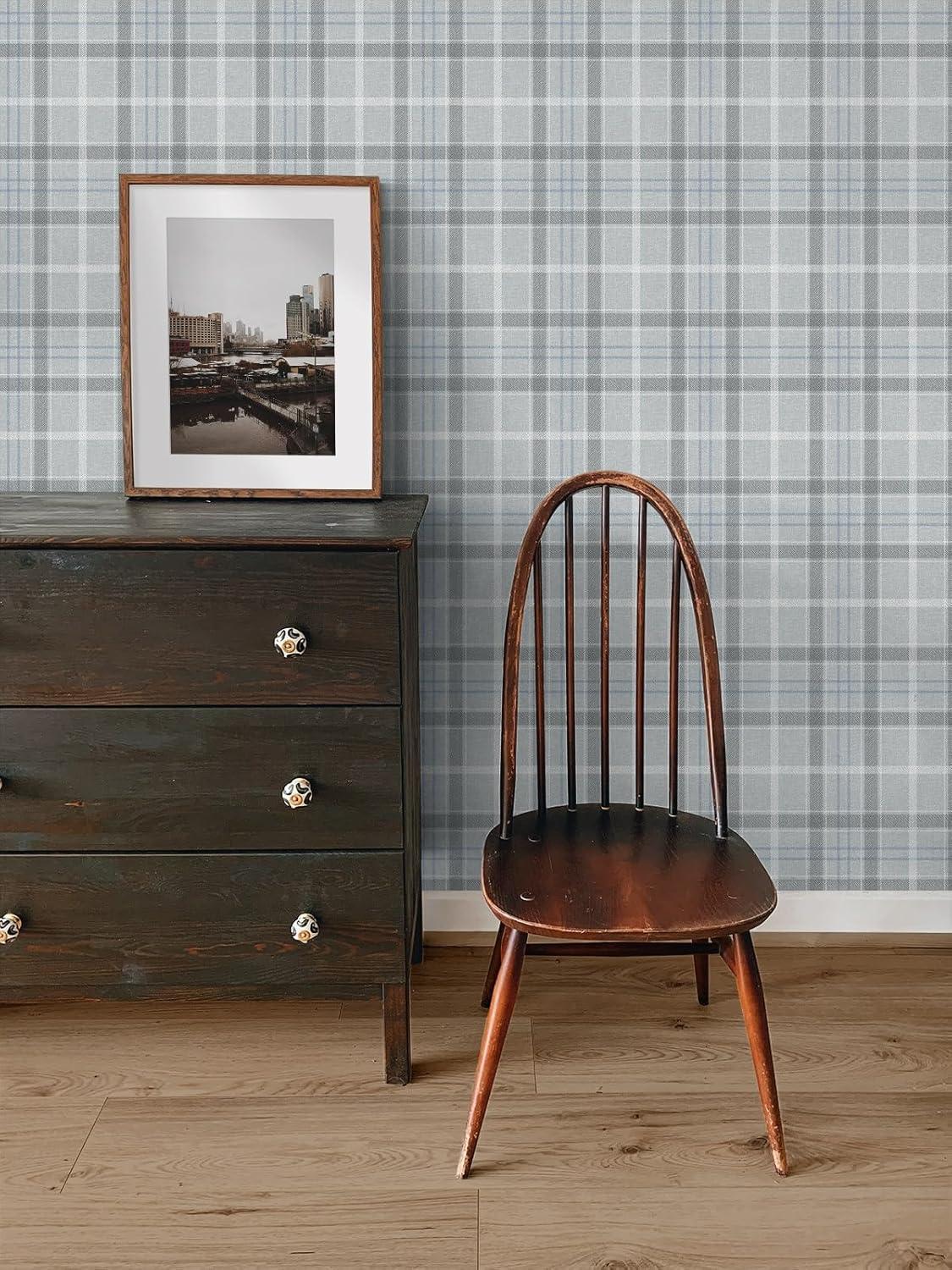 NextWall Pavestone & Blue Tailor Plaid Peel and Stick Wallpaper - 20.9 in. W x 18 ft. L Roll