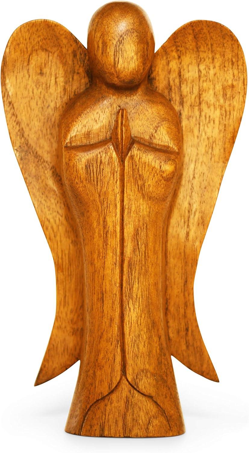 Hand Carved Suar Wood Praying Angel Statue - 10" Tall
