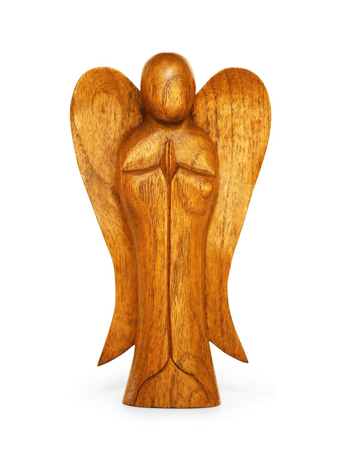 Hand Carved Suar Wood Praying Angel Statue - 10" Tall