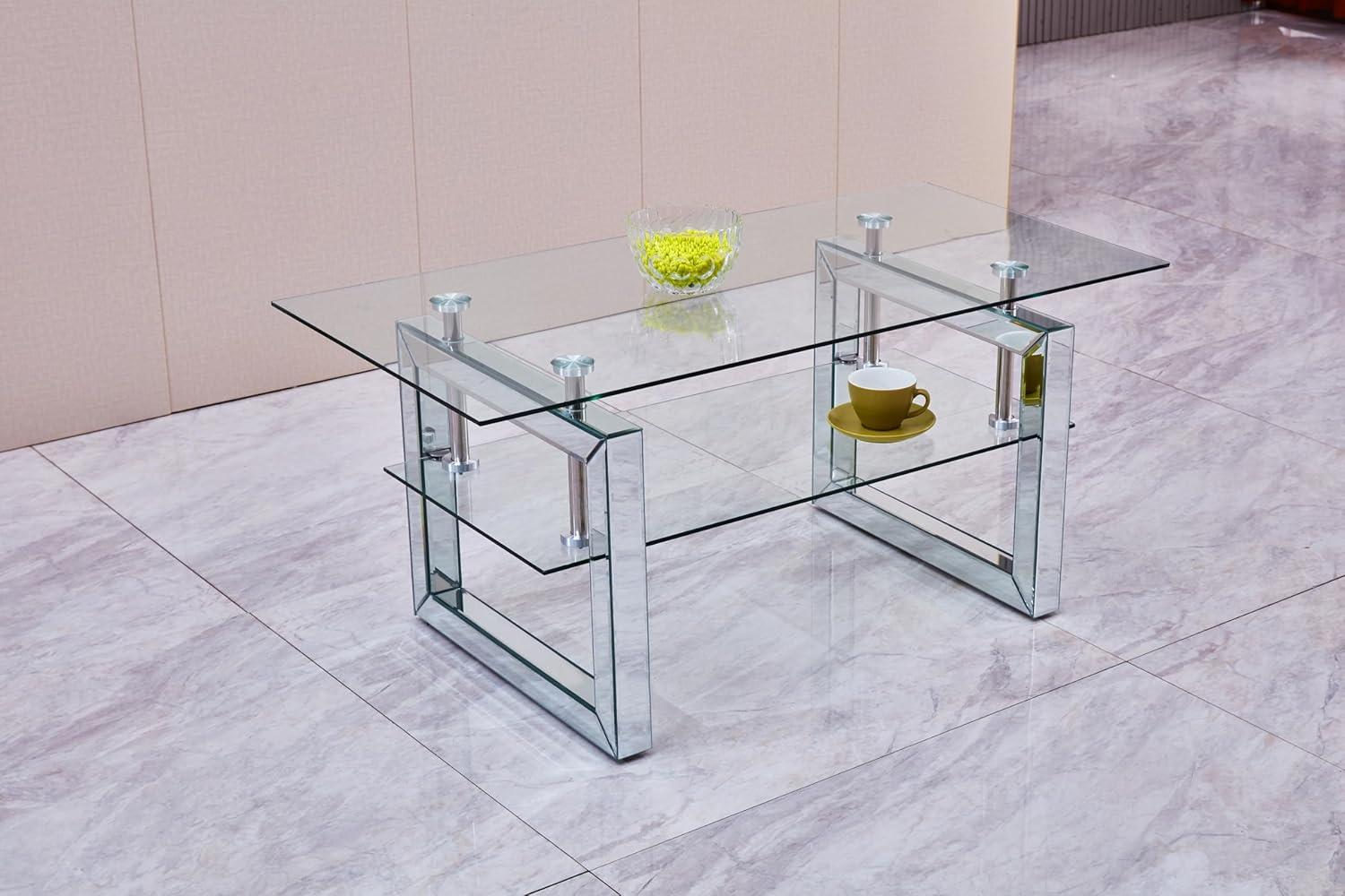 Gzxs Glass Coffee Table with 2 Tier Glass Boards & Sturdy Metal Legs, Mirrored Clear Rectangle Glass Cocktail Tea Table for Home Office, Silver