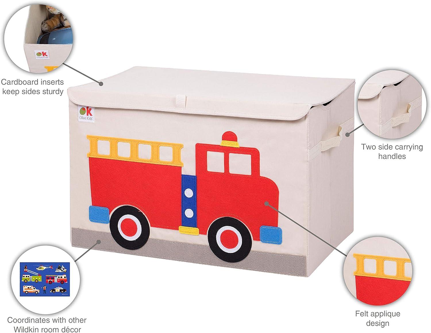 Kids Beige Fabric Toy Chest with Fire Truck Design