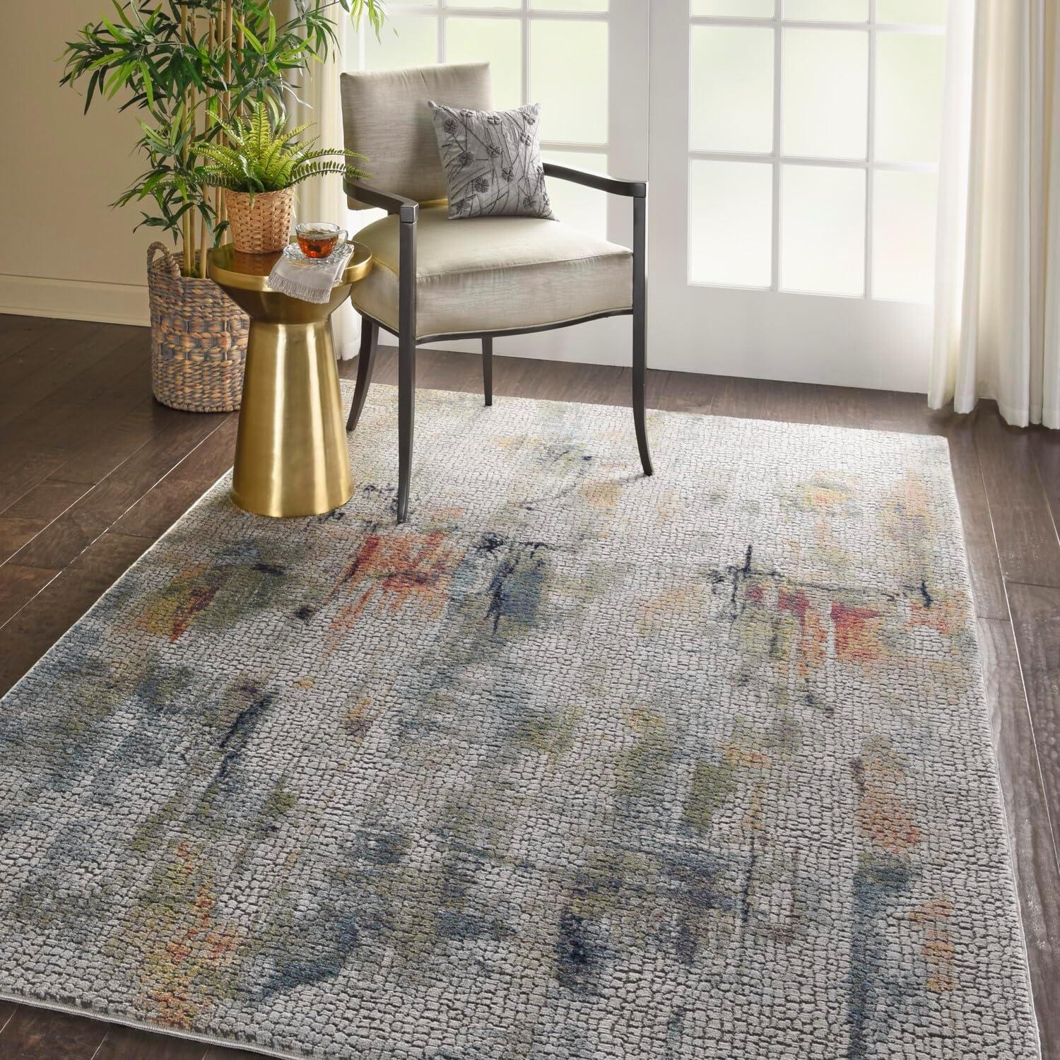 Abstract Ivory and Multicolor Silky Texture 4' x 6' Synthetic Rug