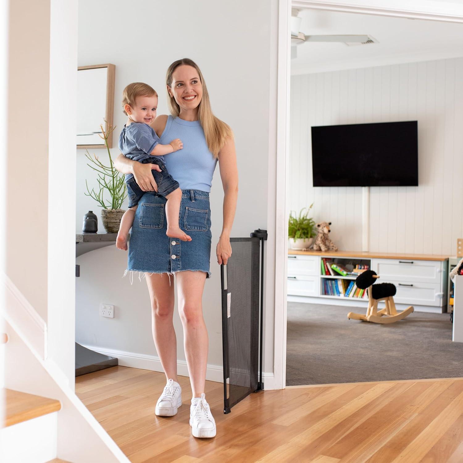 Perma Child Safety Outdoor Retractable Baby Gate 33" Tall, Extends to 71" Wide, Black