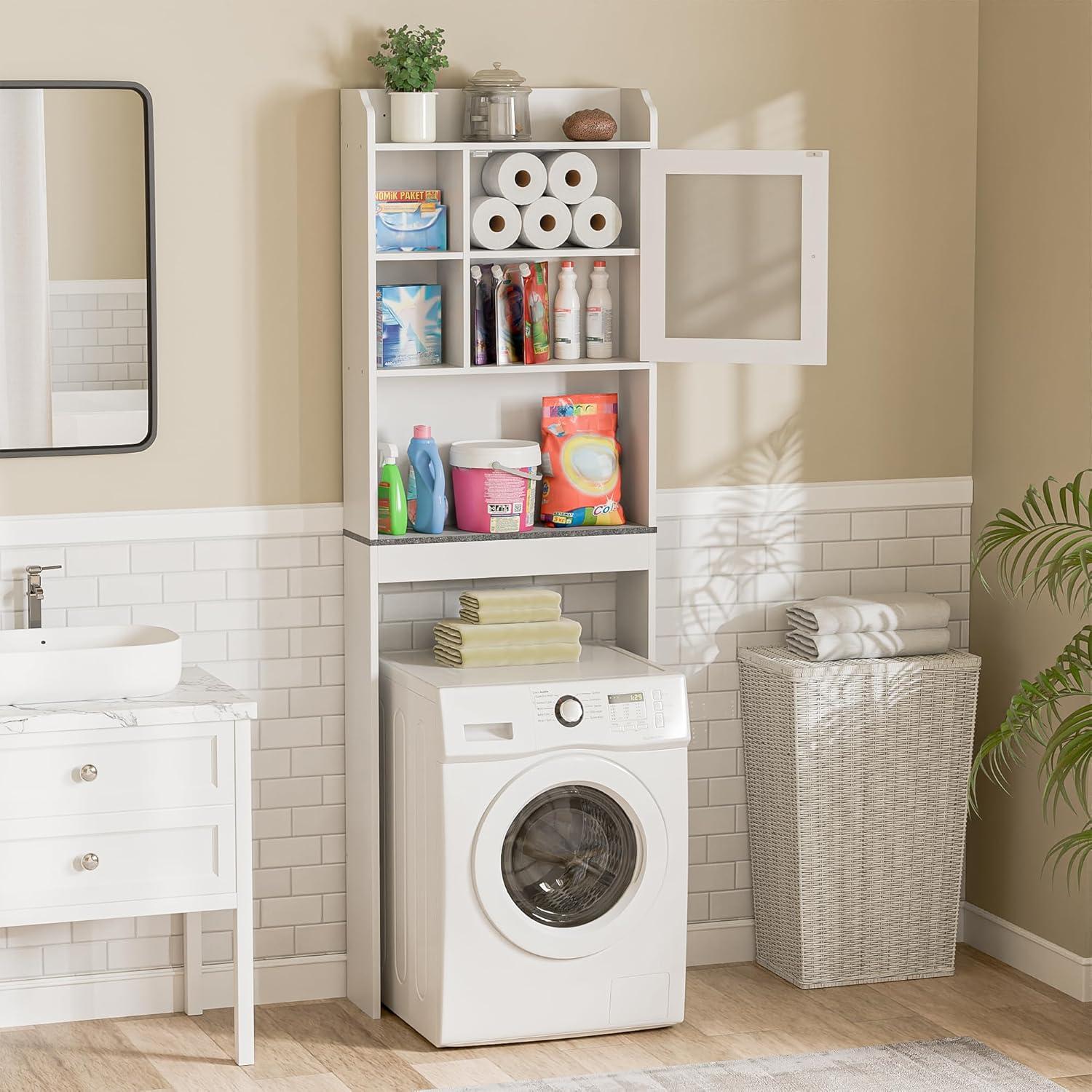 Aiho 66.1" over the Toilet Storage Cabinet with Adjustable Shelf and Open Storage Shelf, Freestanding - White