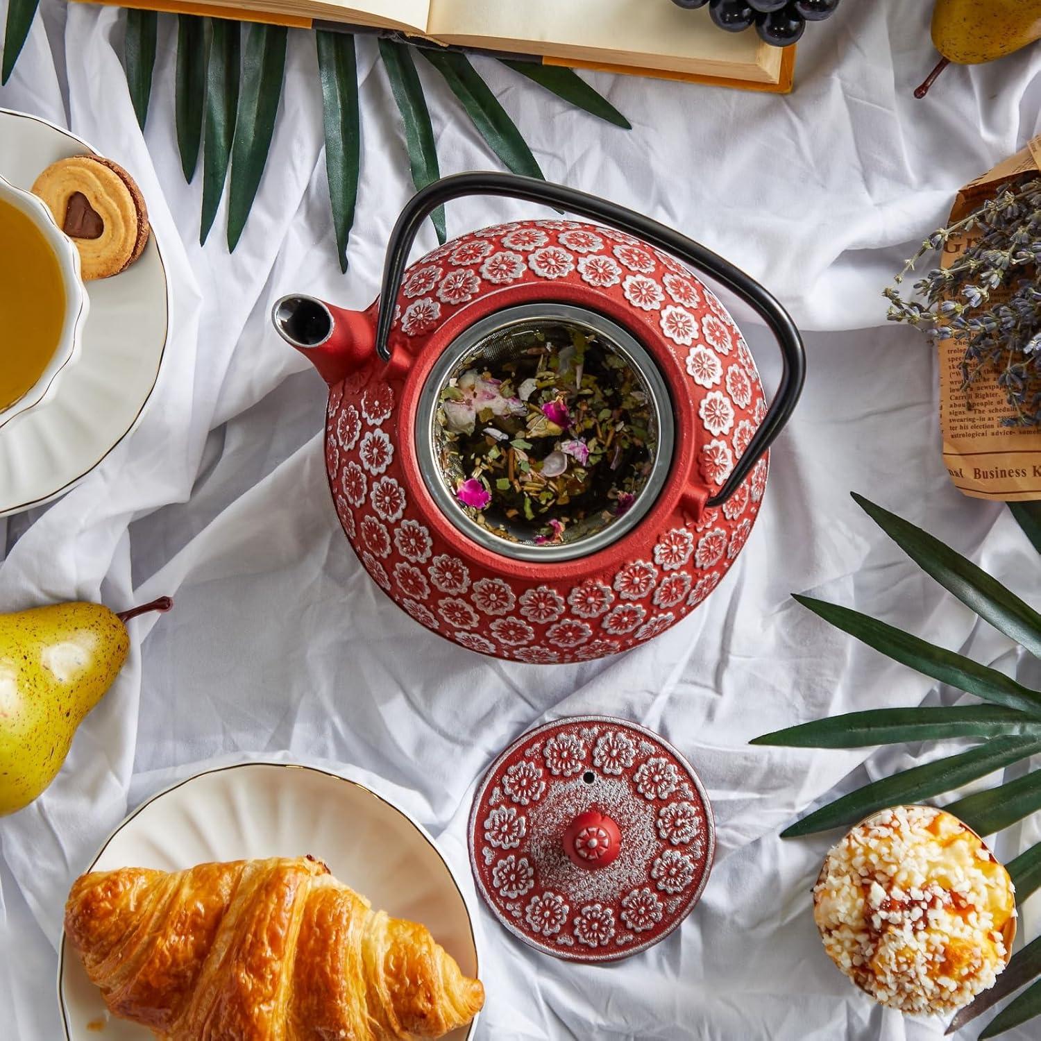 Juvale Green Cast Iron Floral Teapot Kettle with Stainless Steel Infuser Set, Japanese Tea Pot for Kitchen Pantry, 34 oz