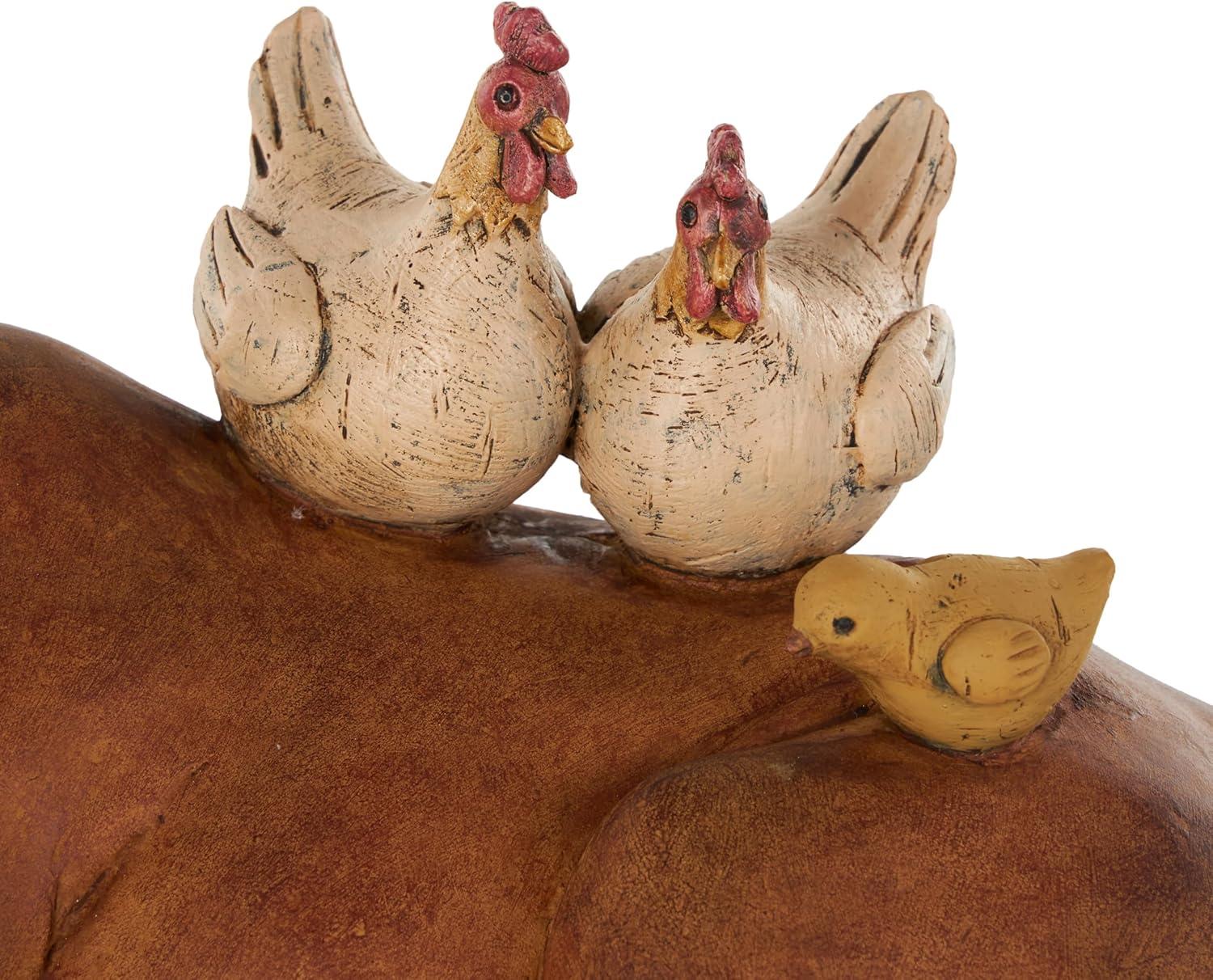 Deco 79 Polystone Cow Sculpture with Sitting Roosters and Chicks, 12" x 6" x 7", Copper