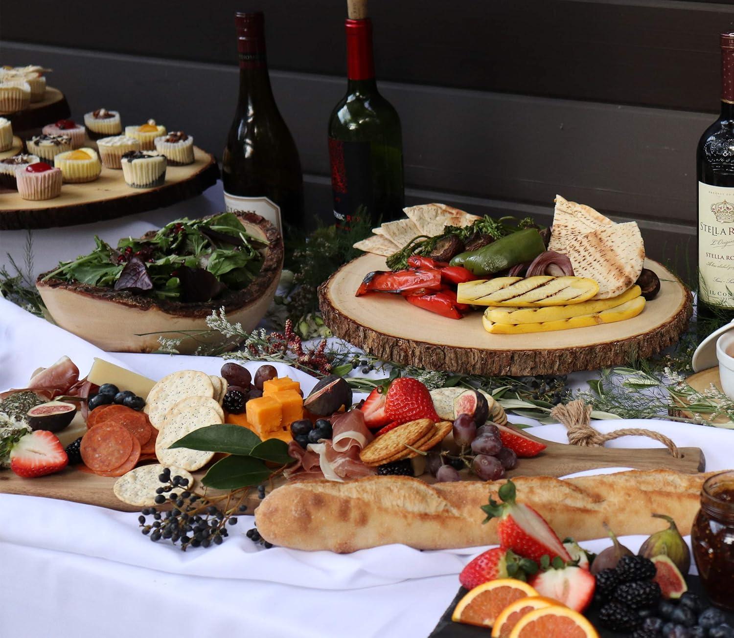 Rustic Acacia Wood Slab Serving Board Set with Live Edge Bark