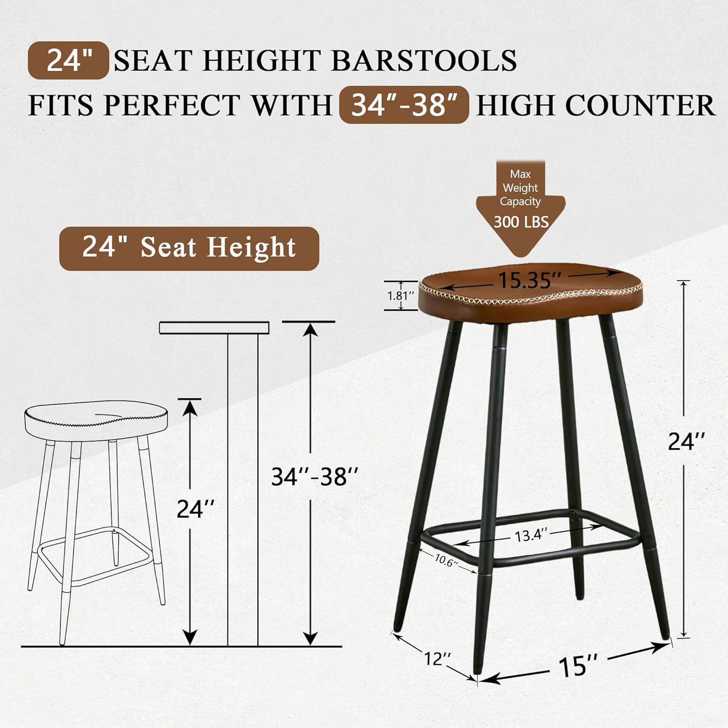 Adjustable Brown Faux Leather Saddle Bar Stools with Metal Legs