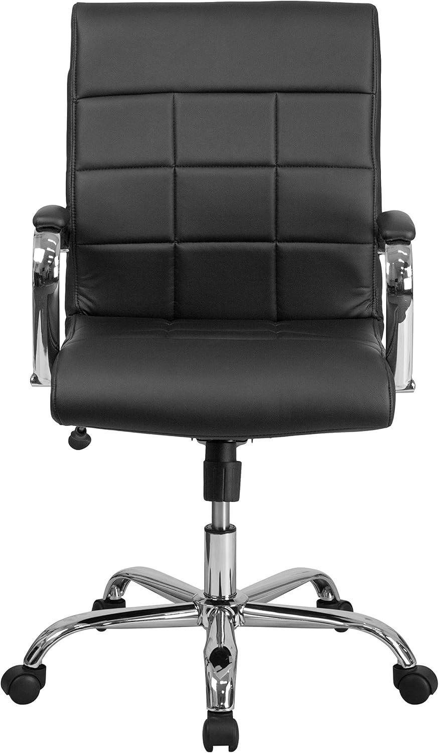 Contemporary Mid-Back Black Vinyl Swivel Executive Chair with Chrome Base