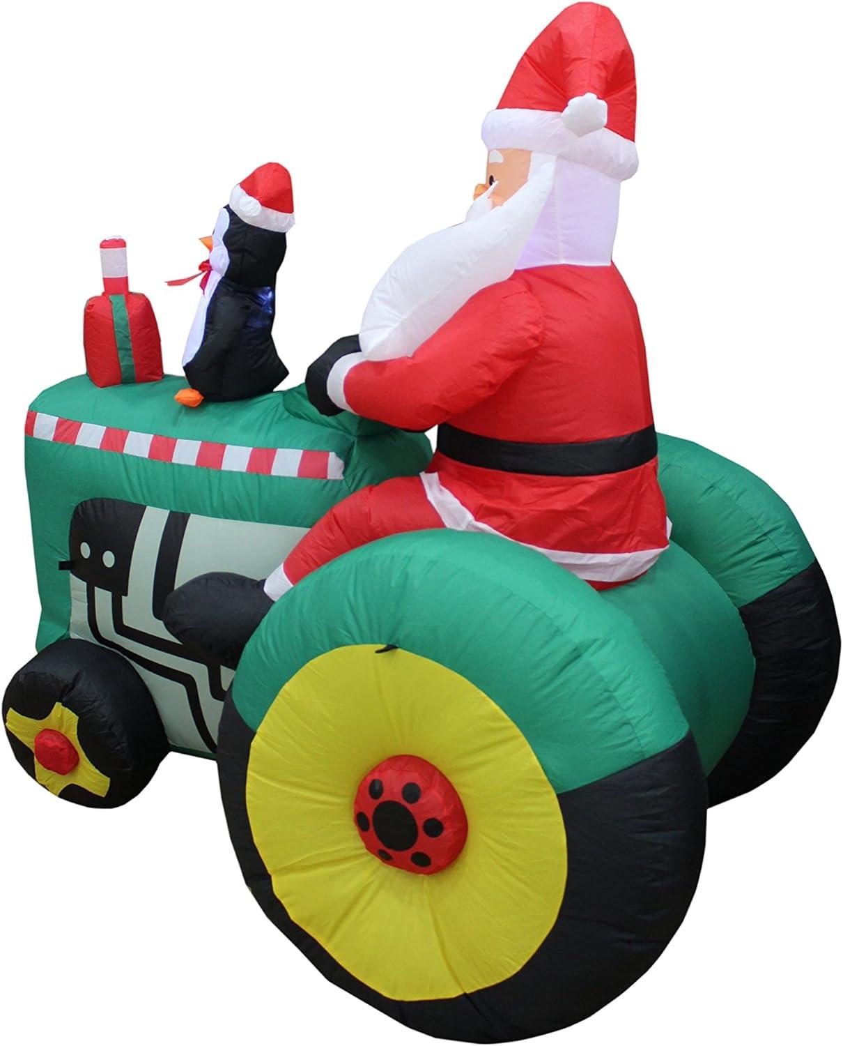 5.3 Foot Inflatable Santa Claus on Tractor with Penguin and LED Lights