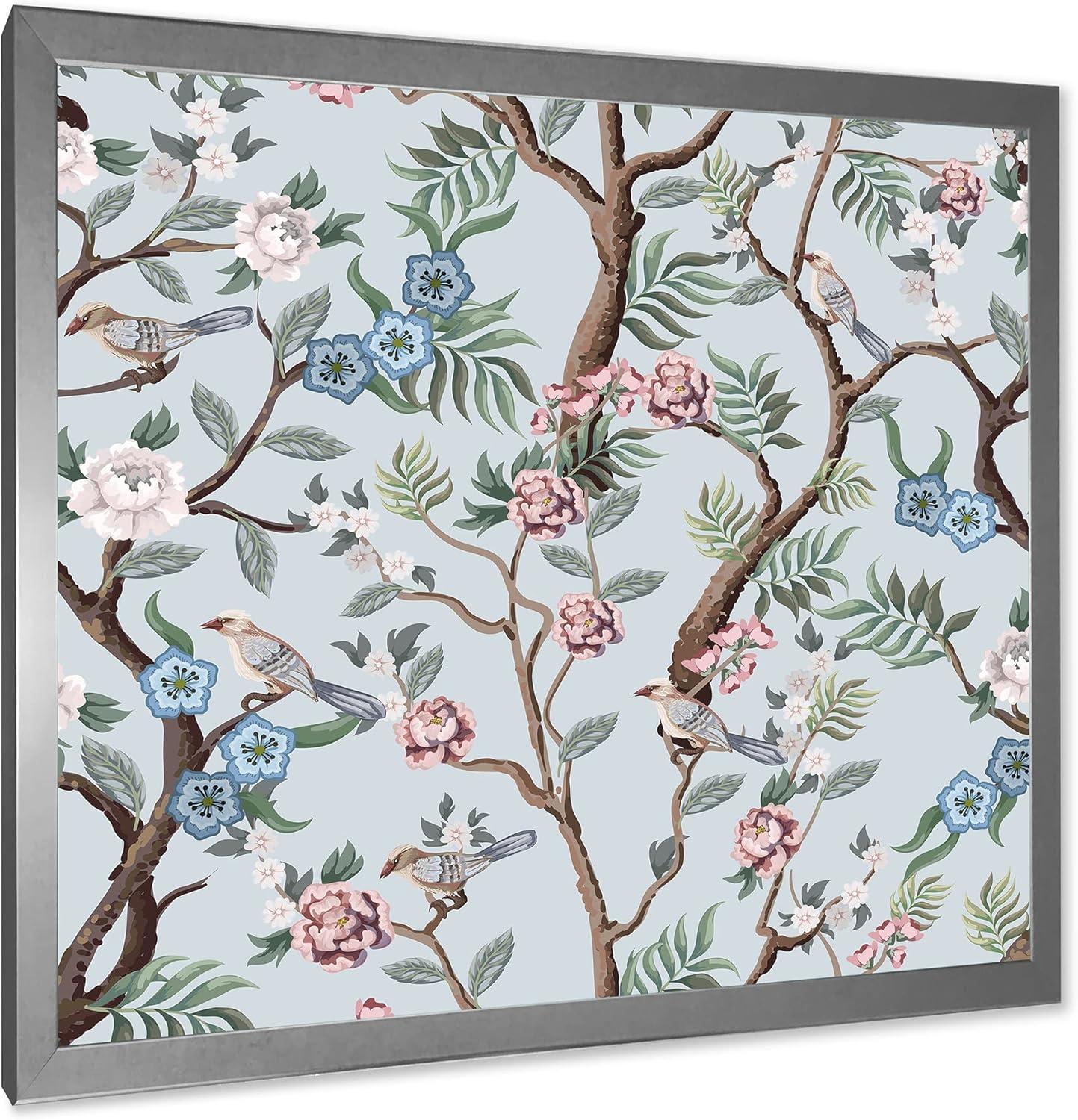 Designart 'Birds and Peonies With Chinoiserie X' Traditional Framed Art Print