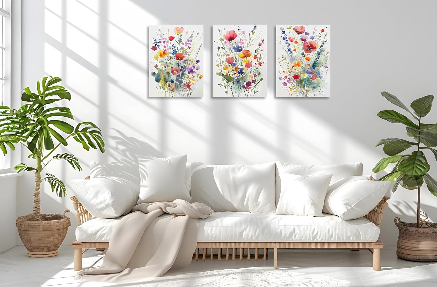 JRXY 3 Pcs Framed Watercolor Floral Botanical Canvas Wall Art Colorful Wildflower Plant Paintings Prints Posters 12x16 in