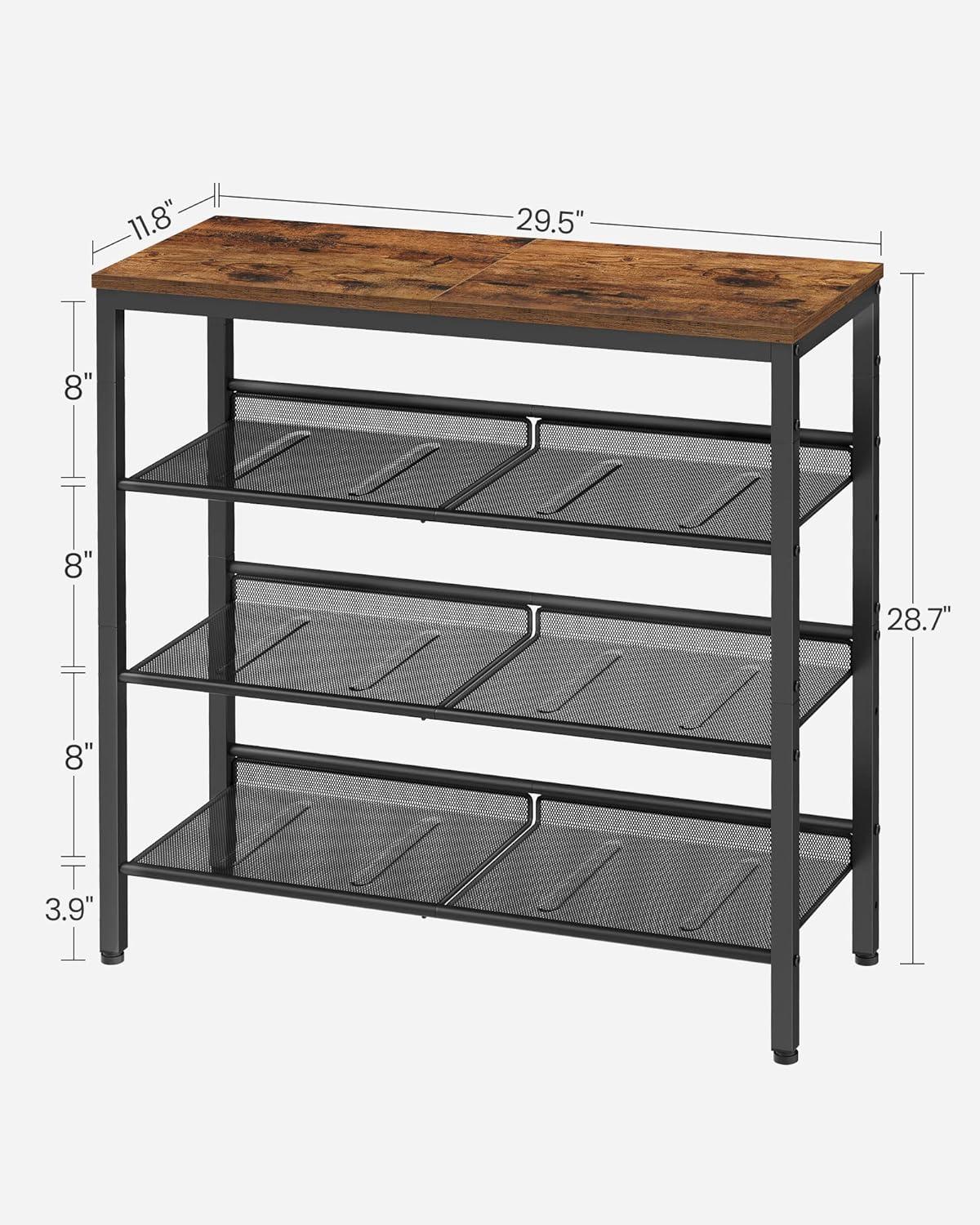 Rustic Brown and Black 4-Tier Wood and Metal Shoe Rack