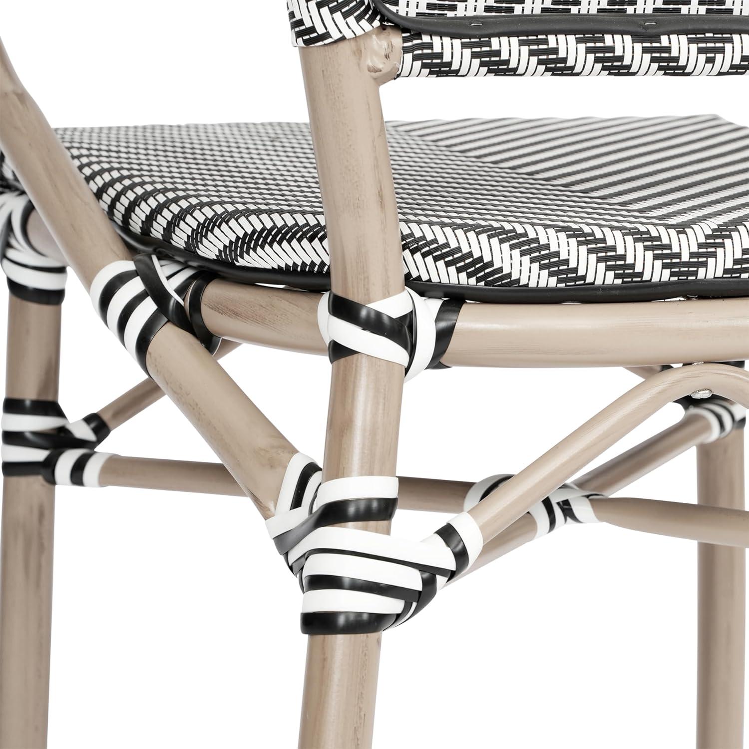 Flash Furniture Marseille Indoor/Outdoor Commercial Bistro Stacking Chair with Arms, Black/White Textilene & Bamboo Print Aluminum Frame in LT Natural