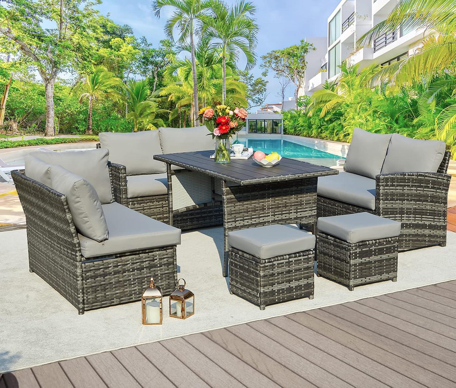 AECOJOY Patio Furniture Set, 7 Pieces Outdoor Patio Furniture with Dining Table&Chair, All Weather Wicker Conversation Set with Ottoman, Grey Rattan&Grey Cushion