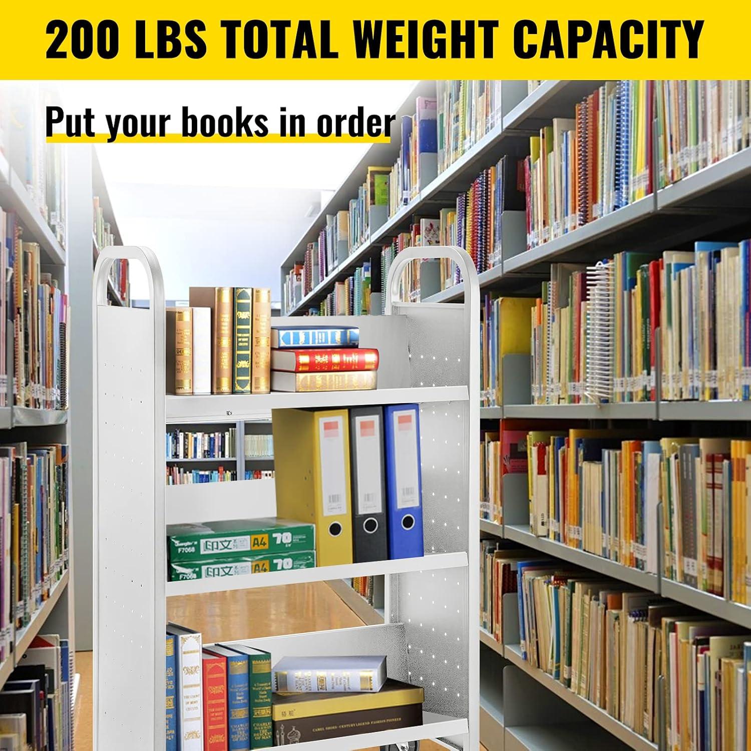 VEVOR Book Cart, 200lbs Library Cart, 30x14x49 Inch Rolling Book Cart Single Sided V-Shaped Sloped Shelves with 4 Inch Lockable Wheels, for Home Shelves Office and School Book Truck in Black