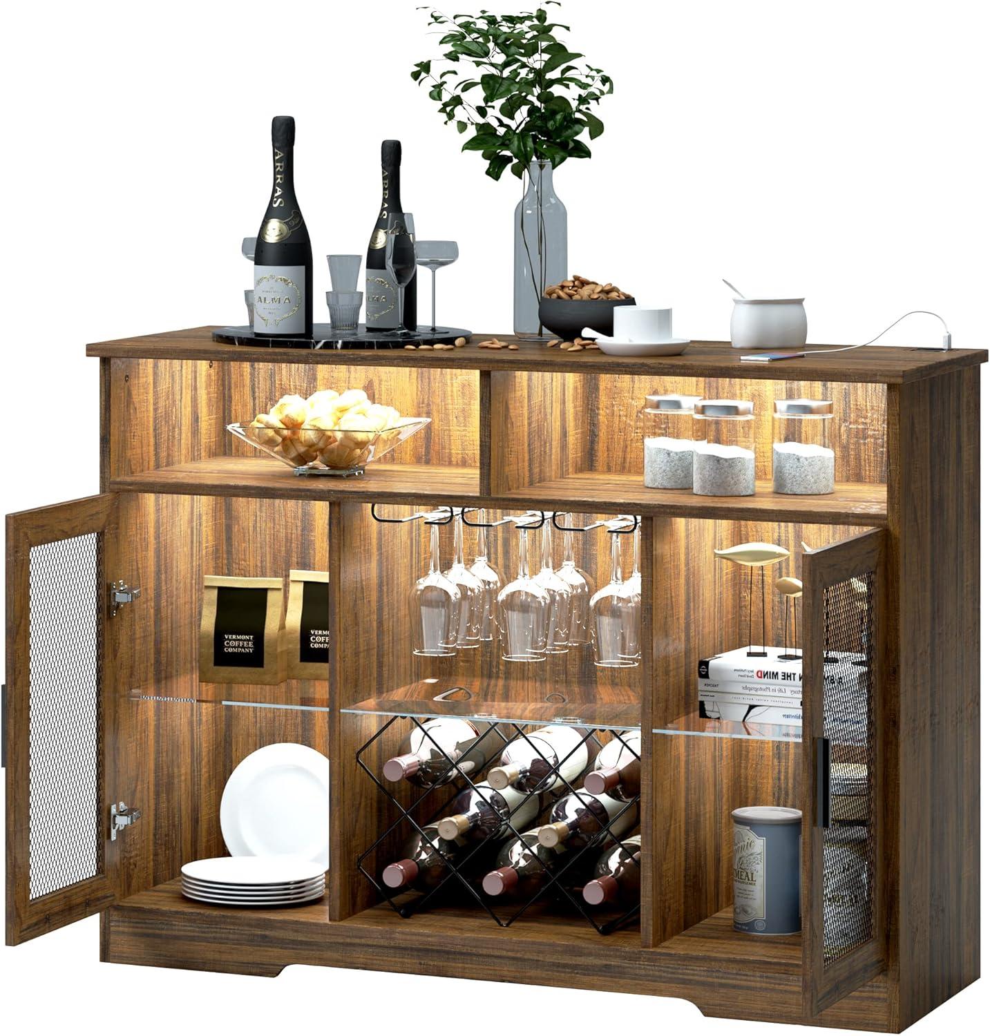 Brown MDF and Metal Bar Cabinet with LED Lights and Wine Rack