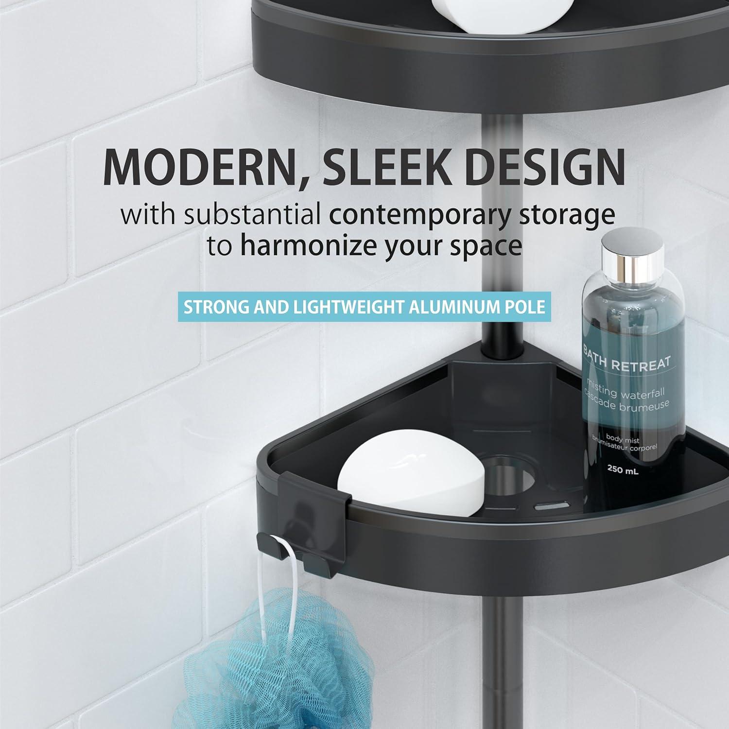 Better Living Products HiRISE 4 Tension Shower Caddy with Mirror Black