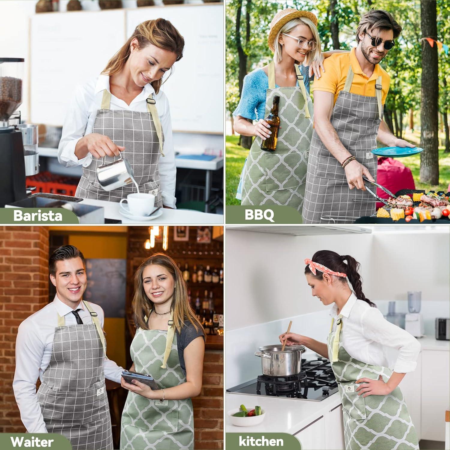 2 Pieces Aprons for Women with Pockets, Cotton Linen Waterproof Kitchen Cooking Aprons, Chef Apronfor Men Women with Adjustable Neck Strap and Long Ties(Grey/Green)