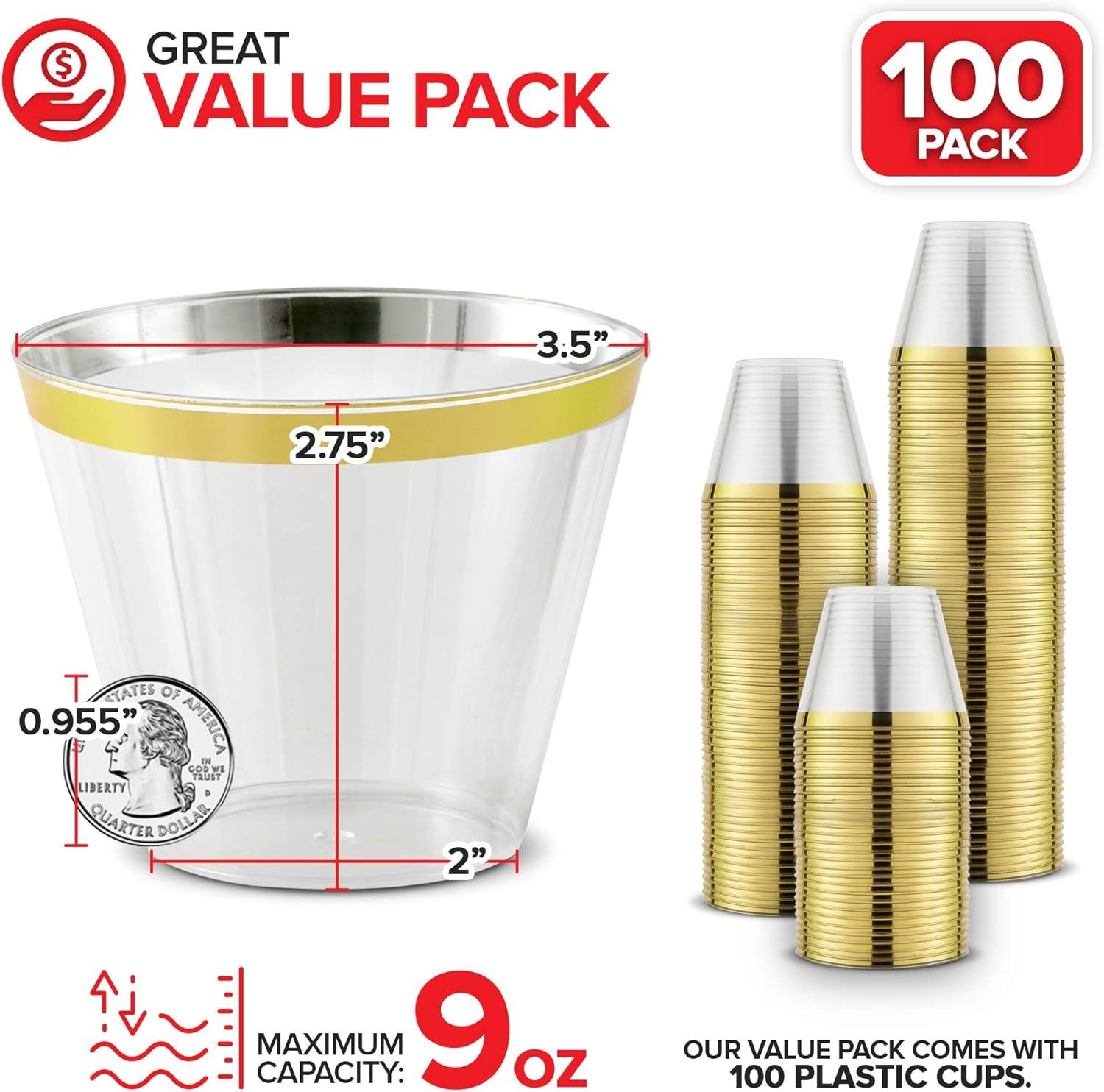 Stock Your Home 9oz Hard Plastic Party Cups 100 Pack - Gold Rim
