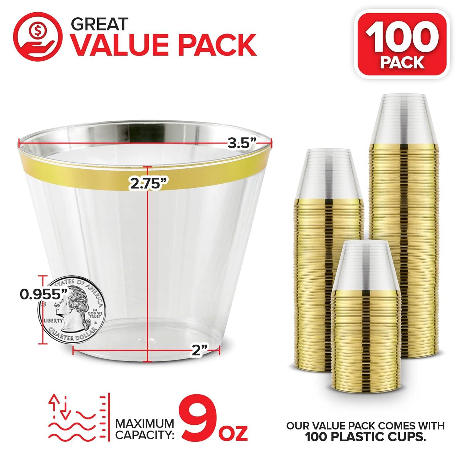 Stock Your Home 9oz Hard Plastic Party Cups 100 Pack - Gold Rim