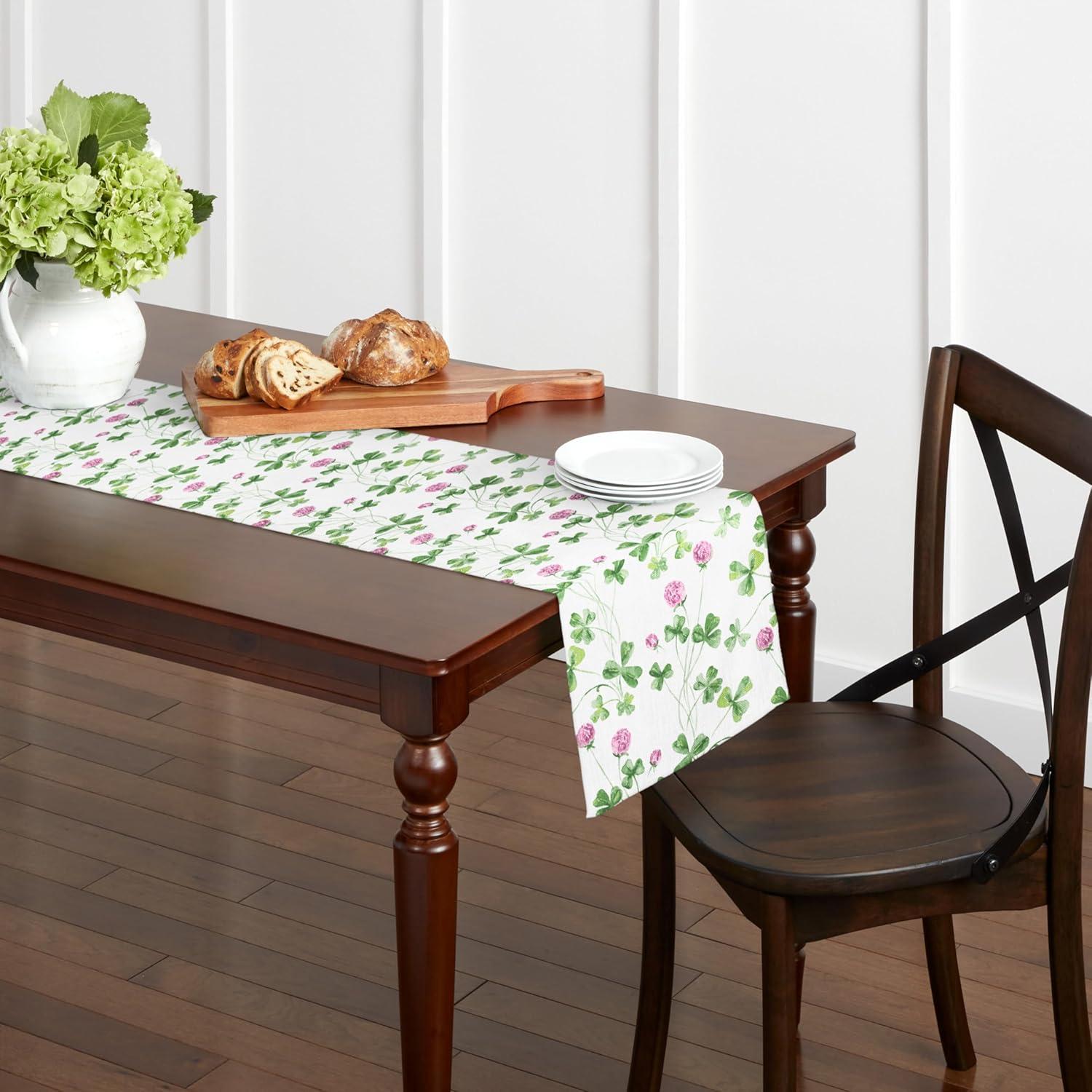 White and Green Cotton Polyester Reversible Table Runner