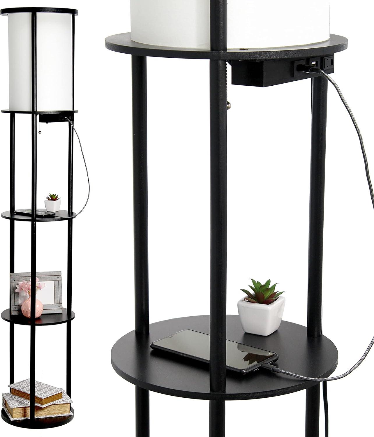 Elegant 62.5" Black Etagere Floor Lamp with USB Ports and Linen Shade