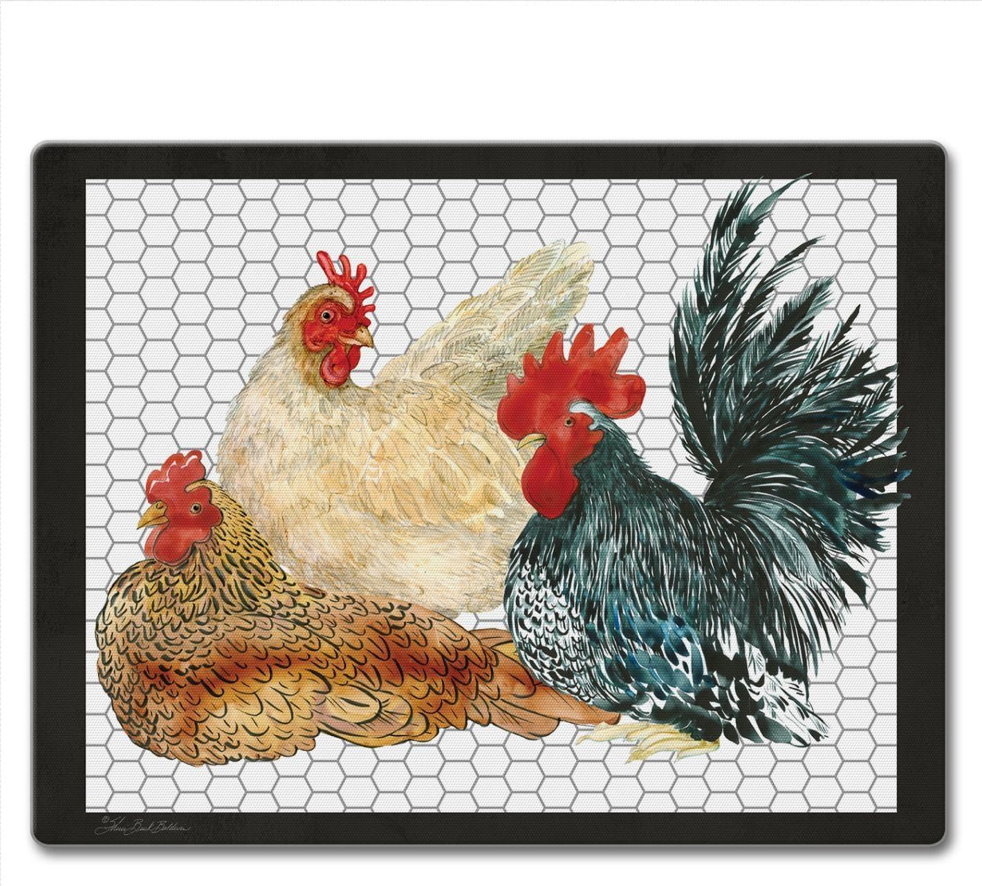 CounterArt Whimsical Roosters 3mm Glass Cutting Board 10” x 8”