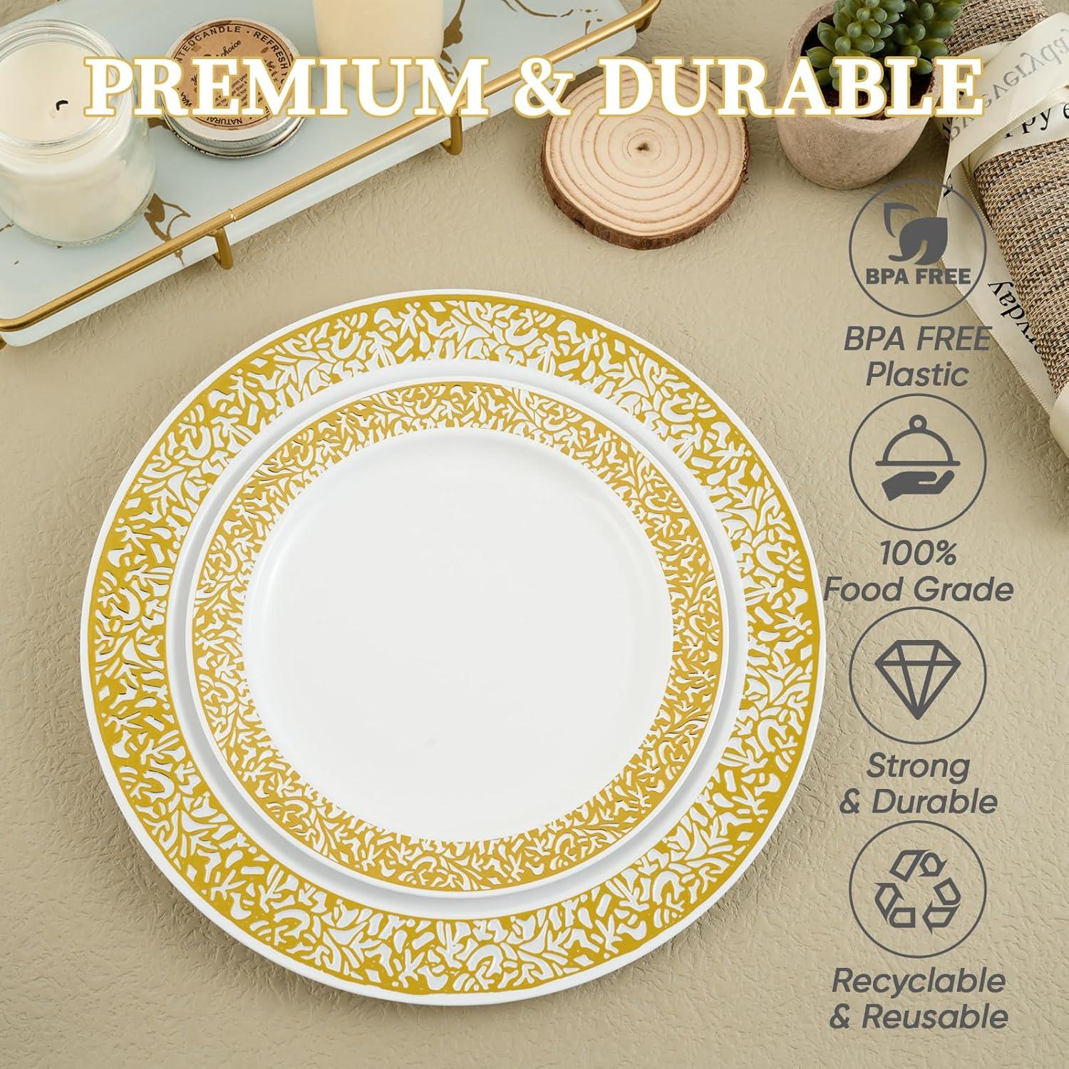 FOCUSLINE Gold Plastic Plates Set of 102, Disposable Plates with Gold Lace 51 Dinner Plate 10.25 Inch & 51 Salad Dessert Appetizer Plate 7.5 Inch, Elegant Fancy Heavy Duty Wedding Party Plates