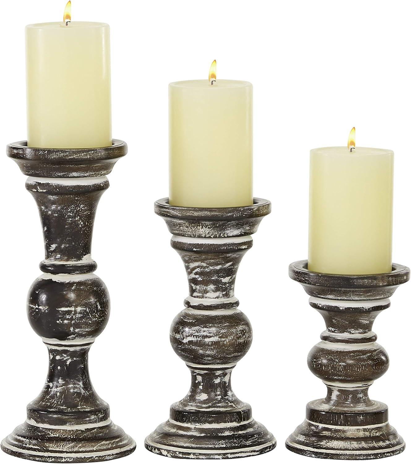 DecMode 3 Candle Dark Brown Wood Candle Holder, Set of 3