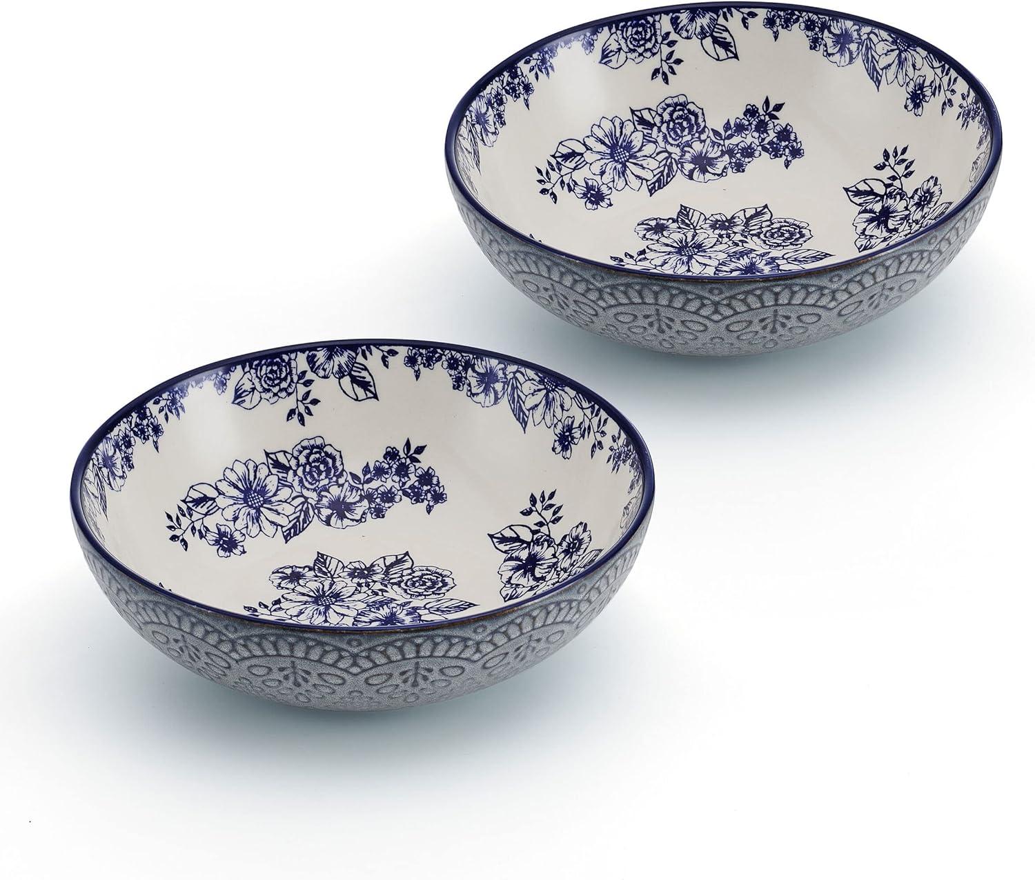 Gabriela 8" Blue and White Floral Ceramic Pasta Bowls, Set of 2