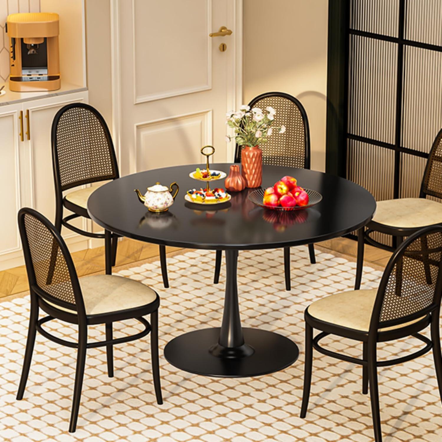 42 Inch Black Round Wood Dining Table with Metal Pedestal Base