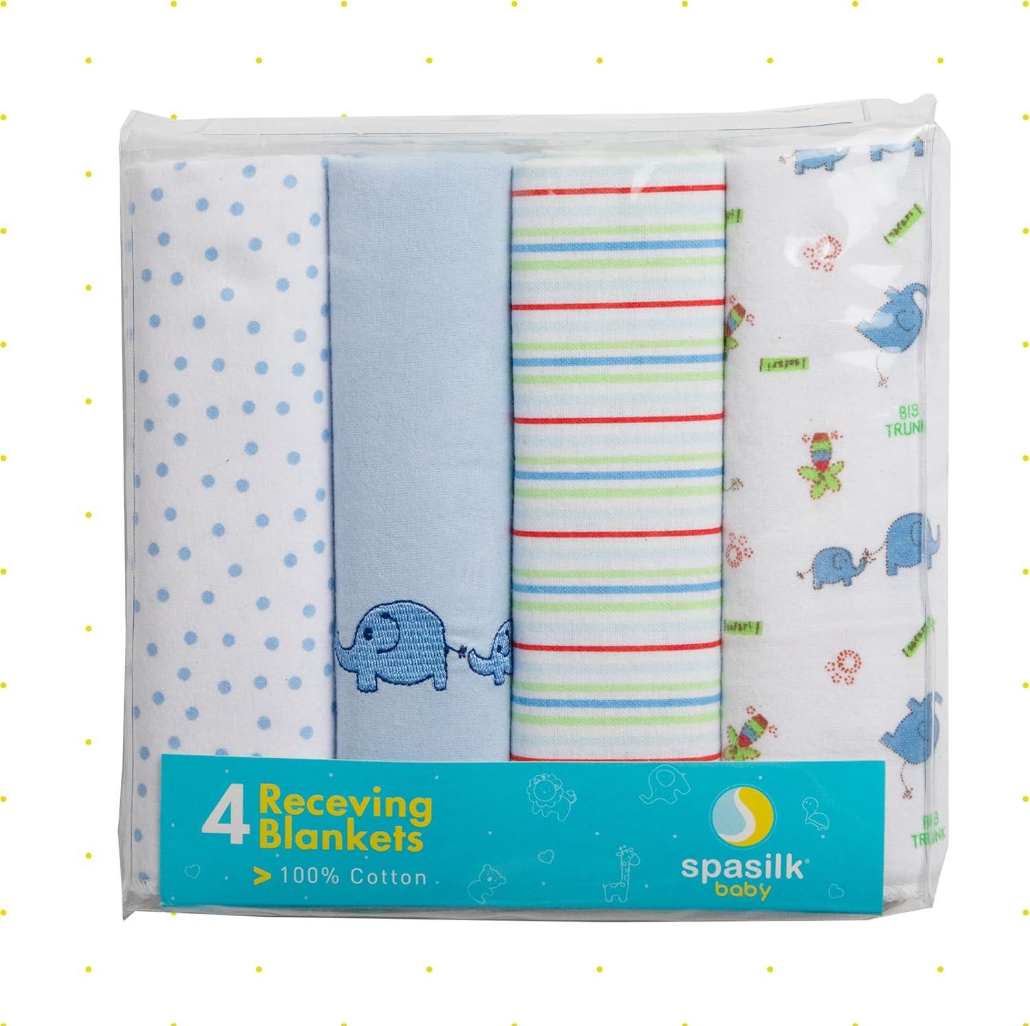 Spasilk Unisex-Baby 100 Percent Cotton 4pk Receiving Blanket, Blue Elephant