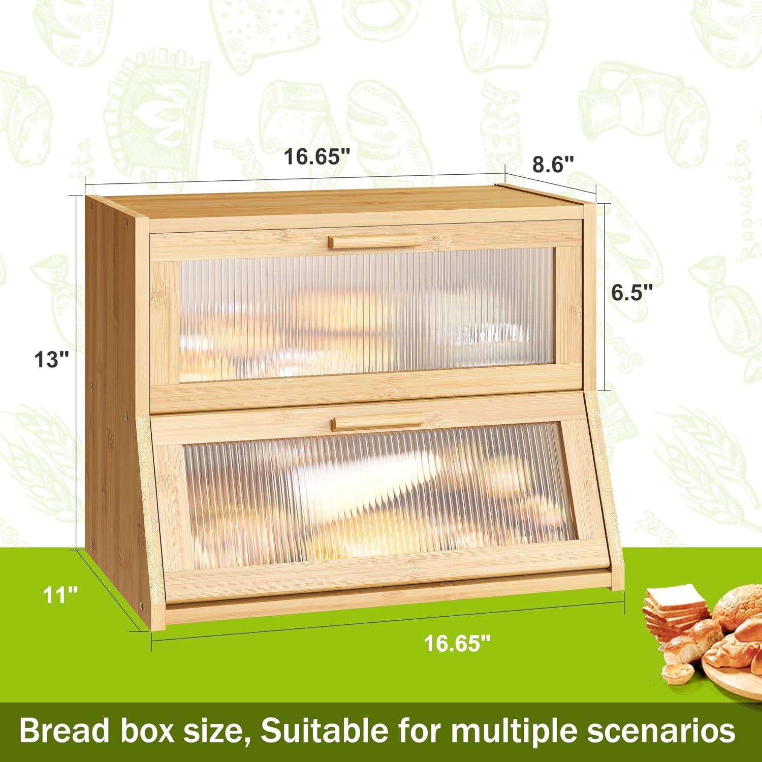 Large Bread Box Double Layer Bamboo Bread Box For Kitchen Counter Container Farmhouse Bread Box Bread Holder Capacity Bread Storage Bin(Natural)