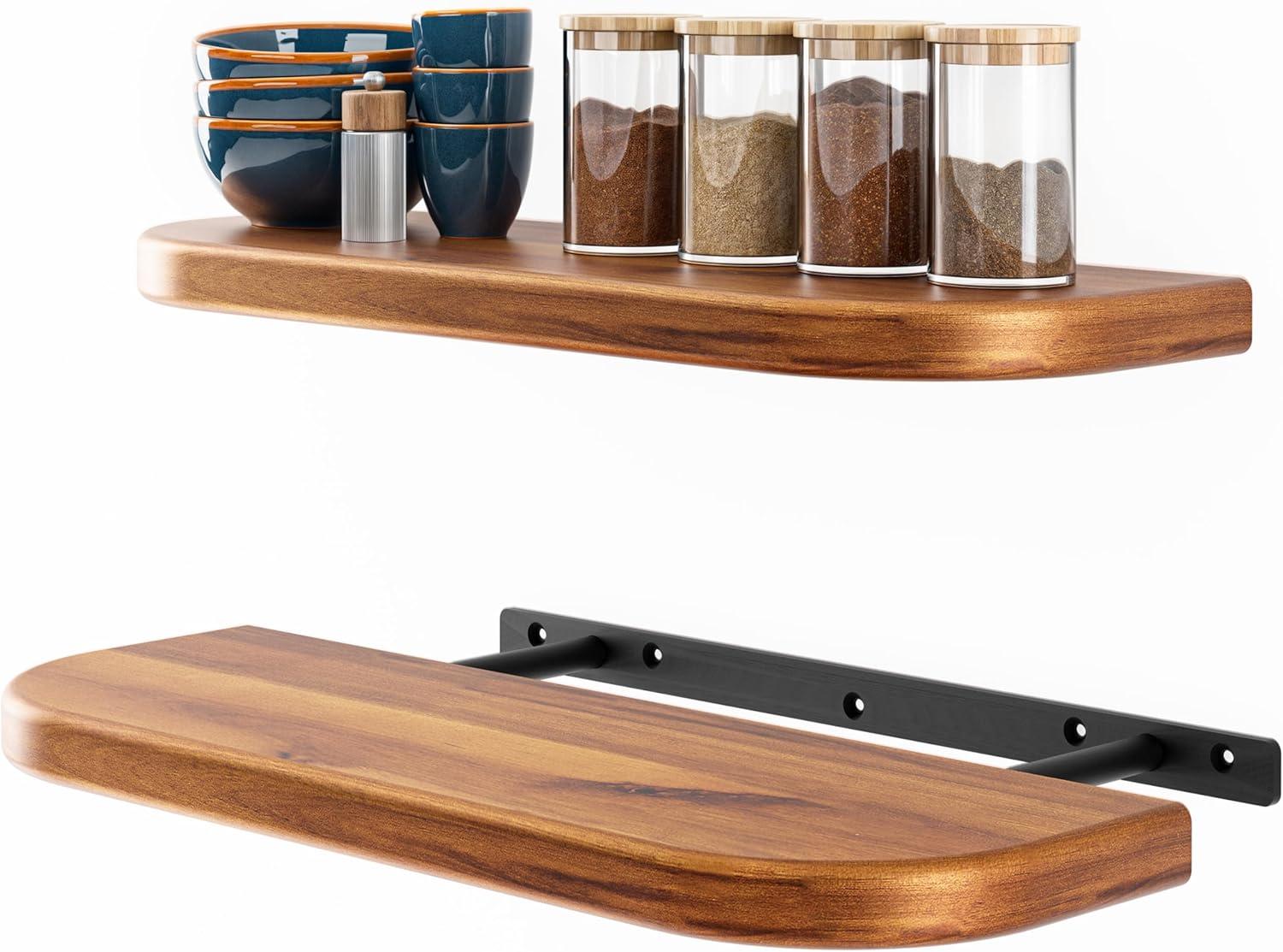 BATODA 17" Acacia Wood Floating Shelves Wall Mounted (Round Edge) – Rustic Farmhouse Wooden Wall Storage Shelf for Bedroom, Kitchen - Brackets and Shelving Hardware Included (Acacia, 17 Inch Length)