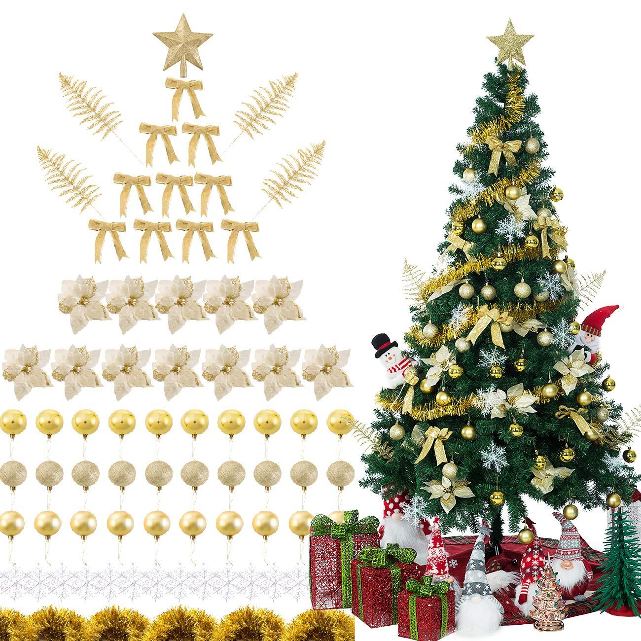 Bibana 94 PCS Christmas Tree Ornaments Set with Glitter Poinsettia, Bows, Ribbons, Leaves & Assorted Decoration Ball for Xmas Tree Holiday Wedding Party Decorations