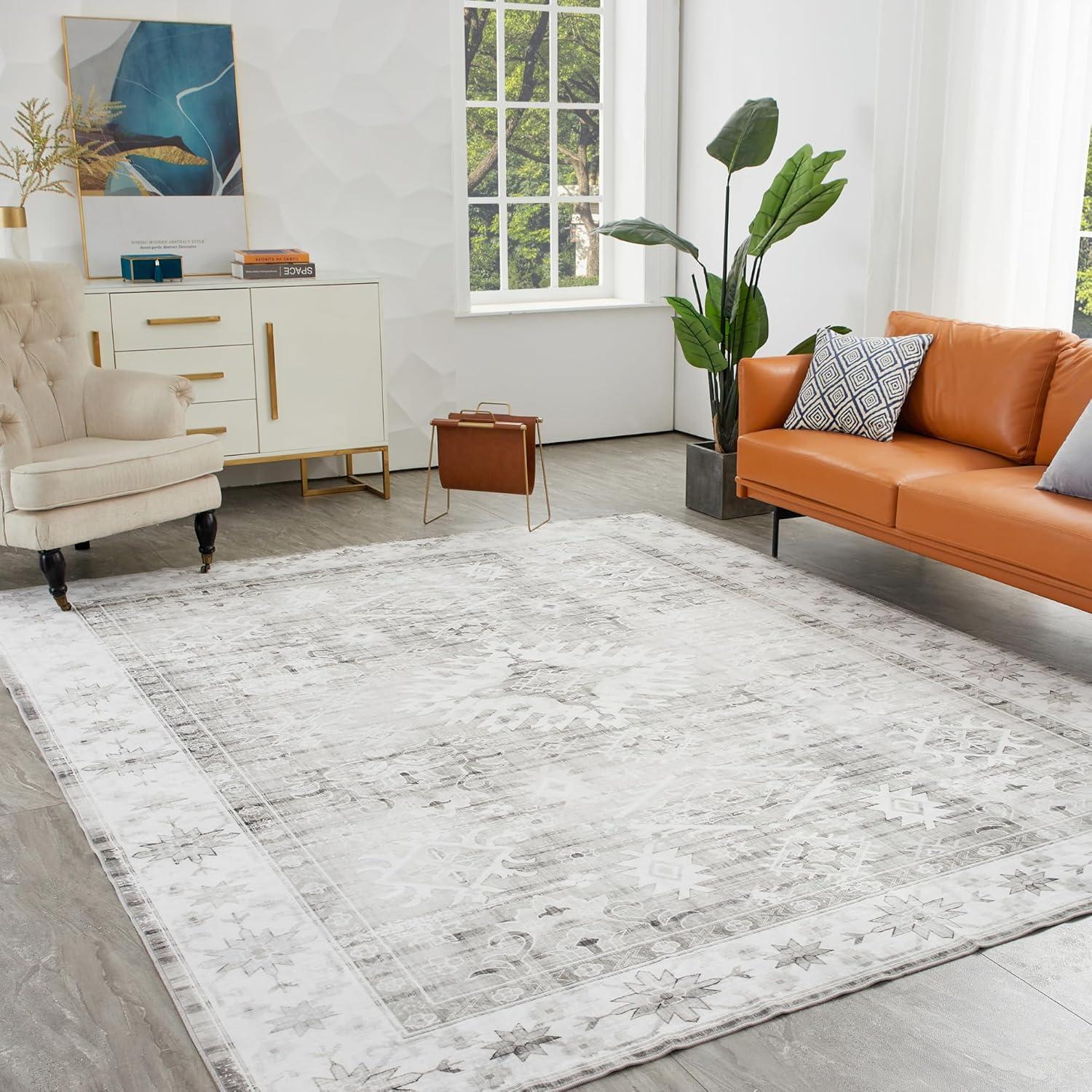 ABYNOW 6x9 Area Rug – Machine Washable, Soft Modern Abstract Carpet for Living Room & Bedroom with Non-Slip Backing, Grey
