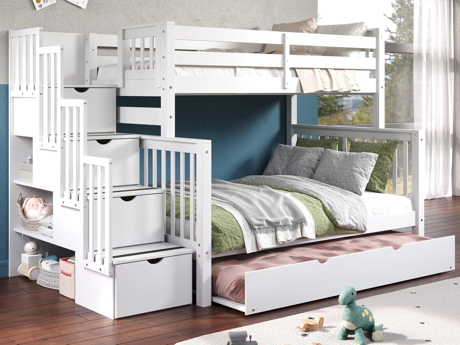 Bedz King - Literas con Escalera Doble con 4 Cajones en los Escalones y una Cama Nido Doble, Color Blanco
