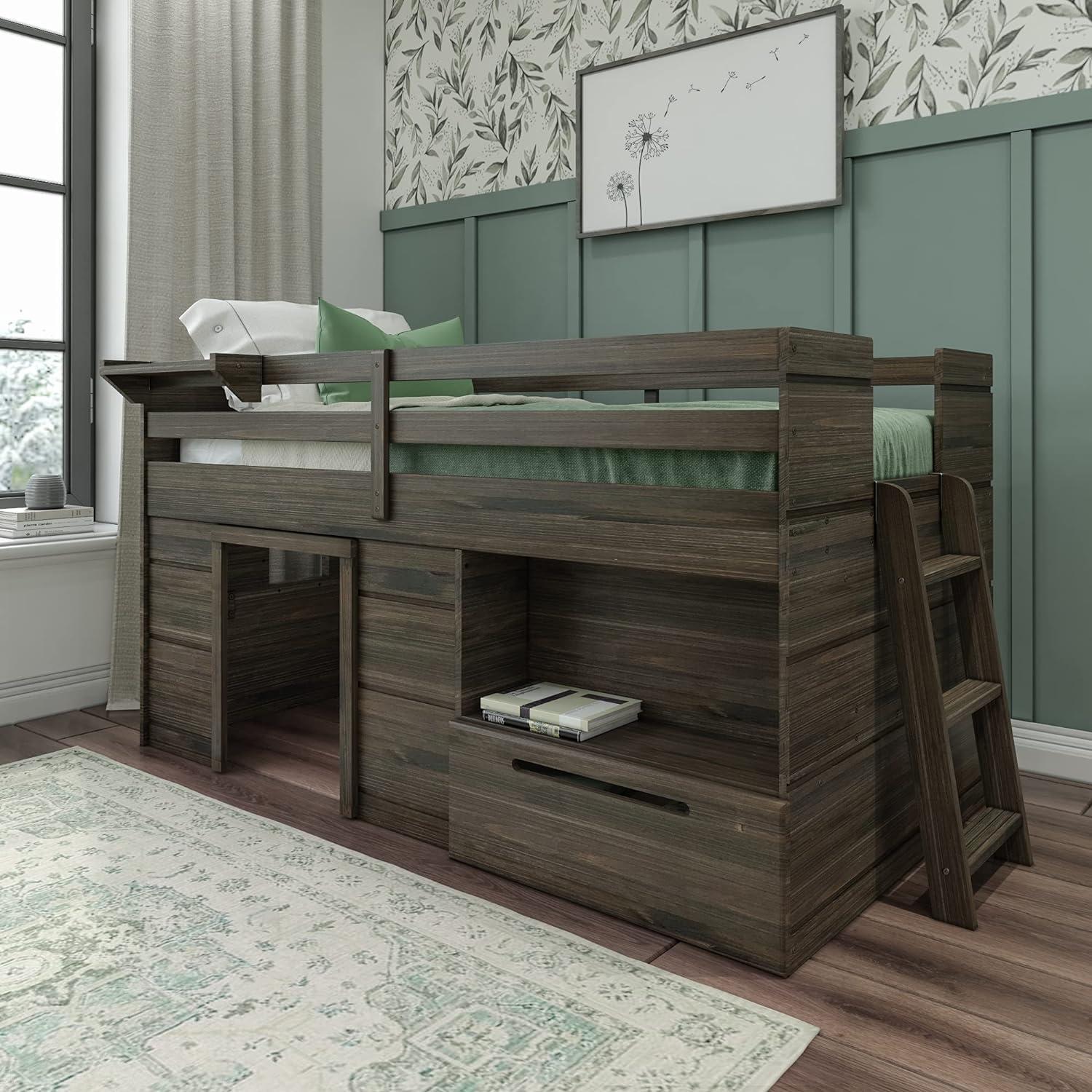 Max & Lily Loft Bed Twin Size Solid Wood Platform Bed Frame for Kids with Storage Drawer, Barnwood Brown