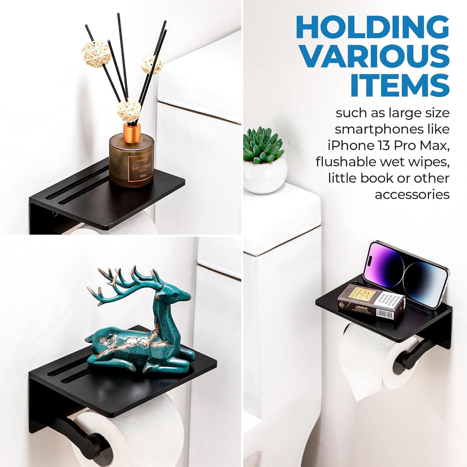 Toilet Paper Holder with Shelf, Black Anti-Rust Aluminum Tissue Roll Holder with Mobile Phone Storage Shelf for Bathroom, 3M Self Adhesive No Drilling or Wall Mounted with Screws