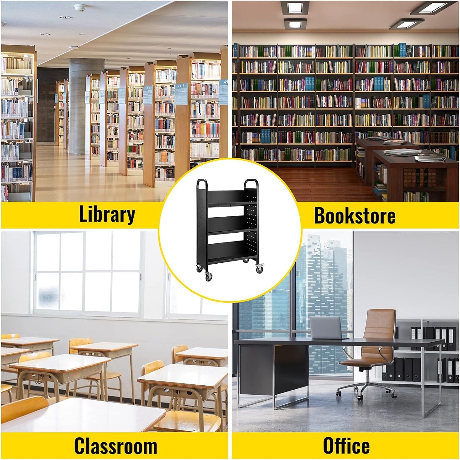 VEVOR Book Cart, 200lbs Library Cart, 30x14x49 Inch Rolling Book Cart Single Sided V-Shaped Sloped Shelves with 4 Inch Lockable Wheels, for Home Shelves Office and School Book Truck in Black