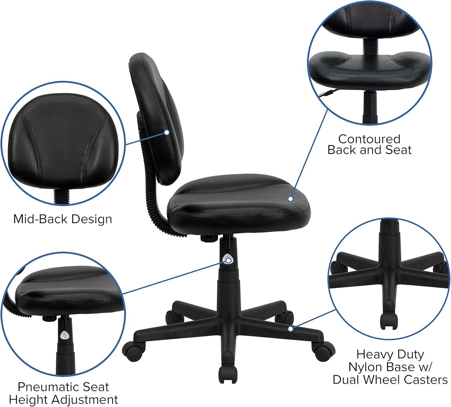 Mid-Back Black Leather Ergonomic Swivel Task Chair