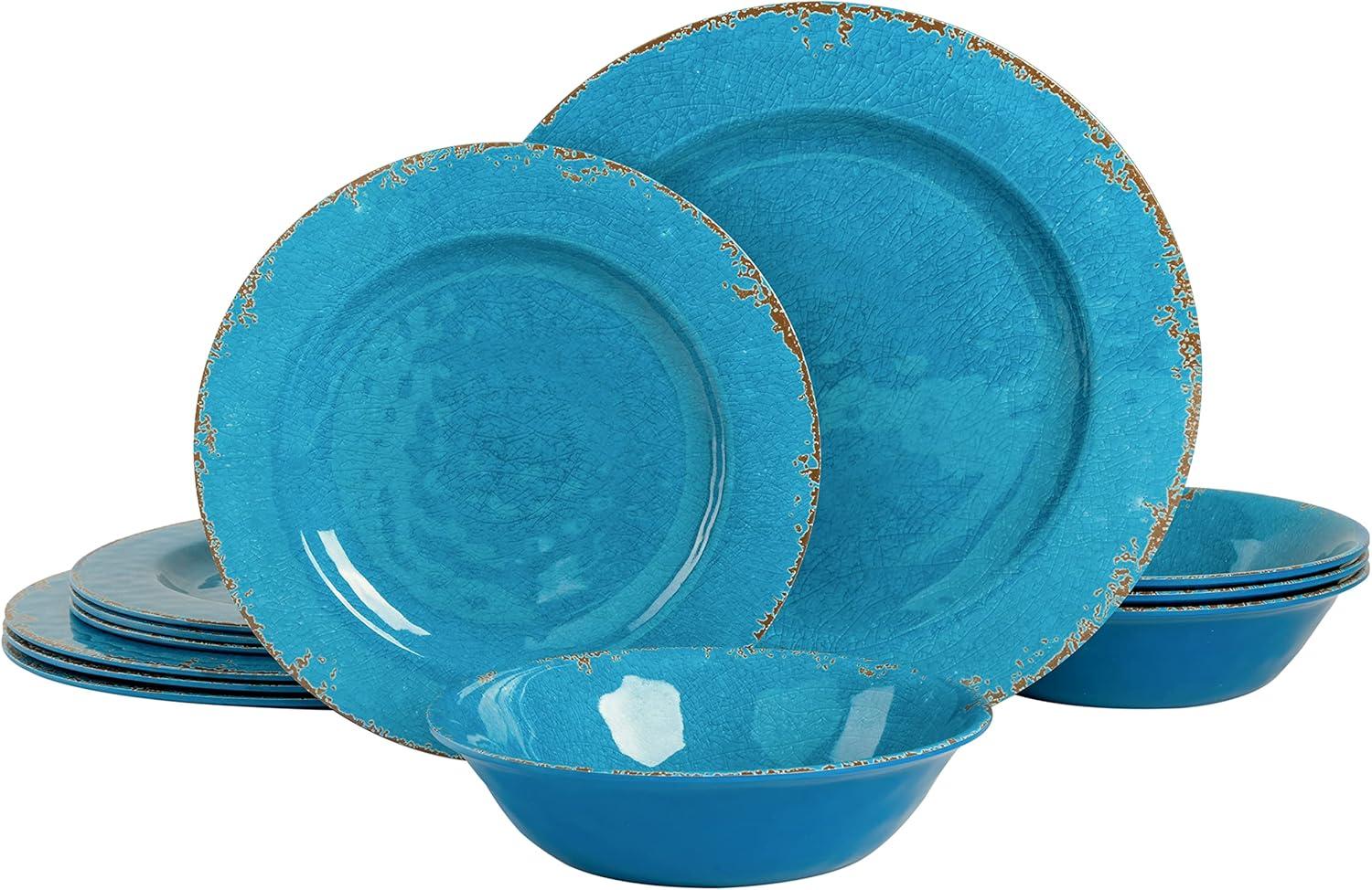 Mauna Blue Crackle Melamine Dinnerware Set, Service for 4