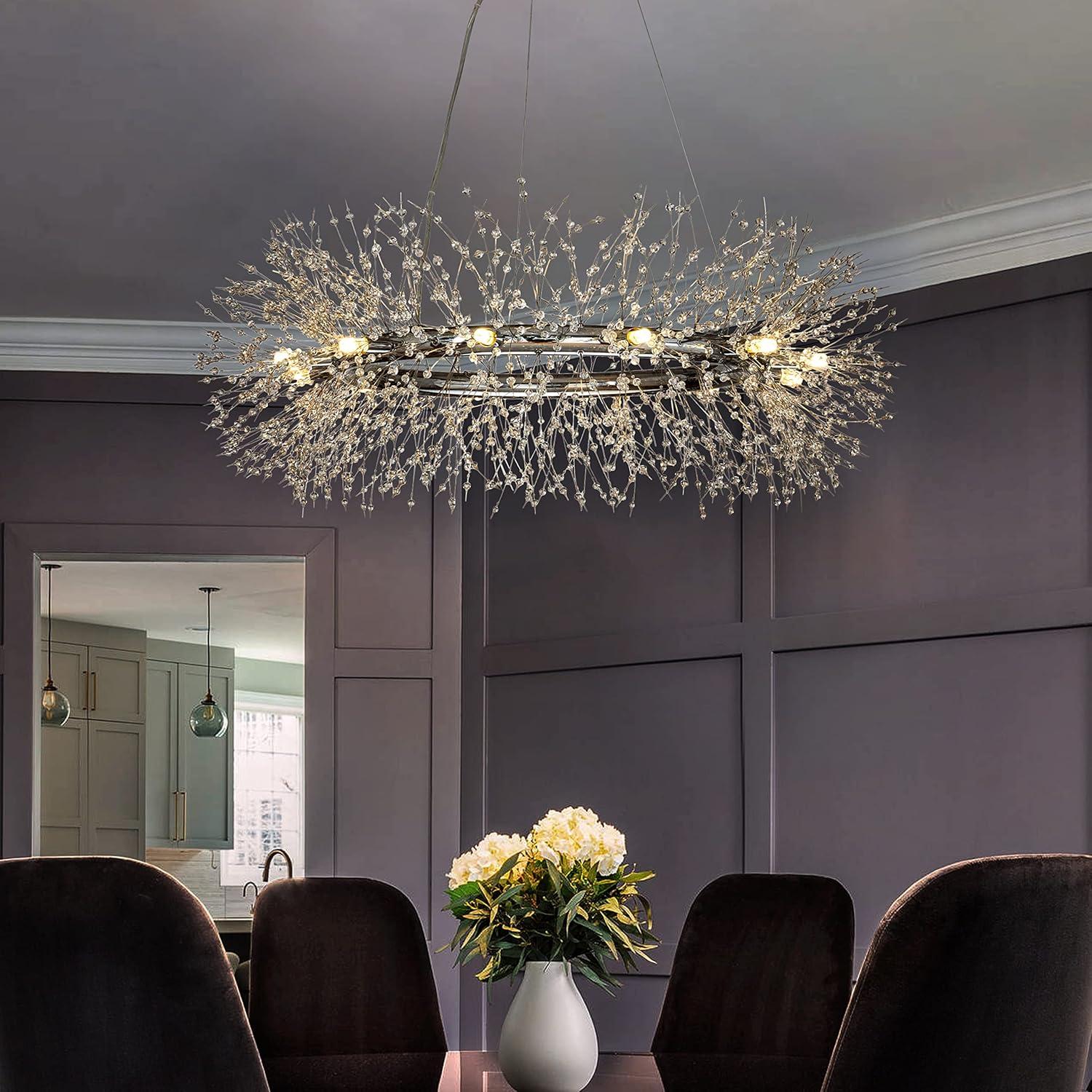 AloaDecor Modern Firework Crystal Chandelier for Dining Room and Living Room Chrome 12 W:39.37*H:15.75in 13 to 24 Inches Chrome 37 to 48 Inches