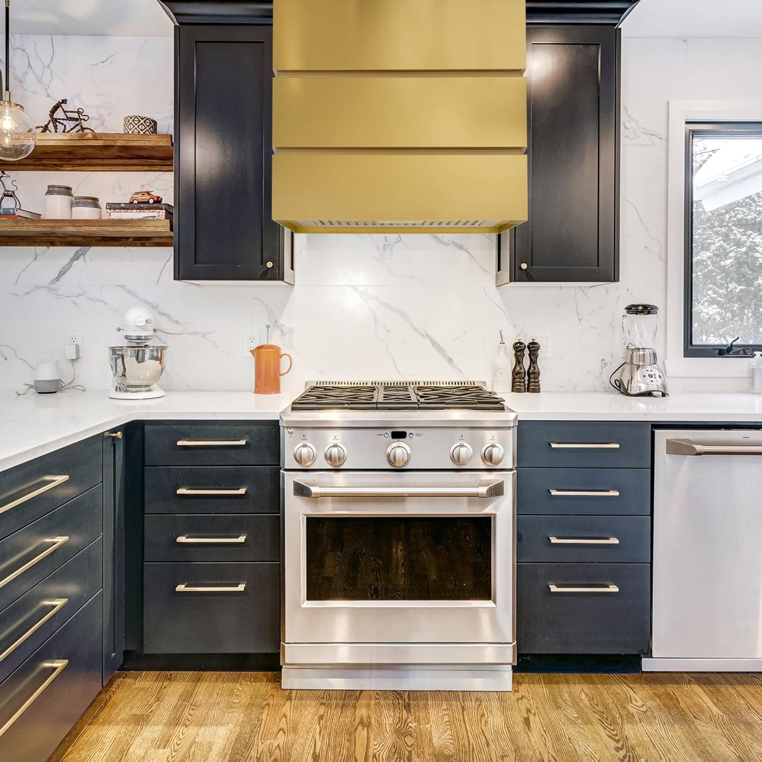 Akicon Stainless Steel Range Hood, Modern Box Kitchen Hood with Powerful Vent Motor, Wall Mount, 30”W*30”H*14D, Matte Gold (AKHS30H-MG)