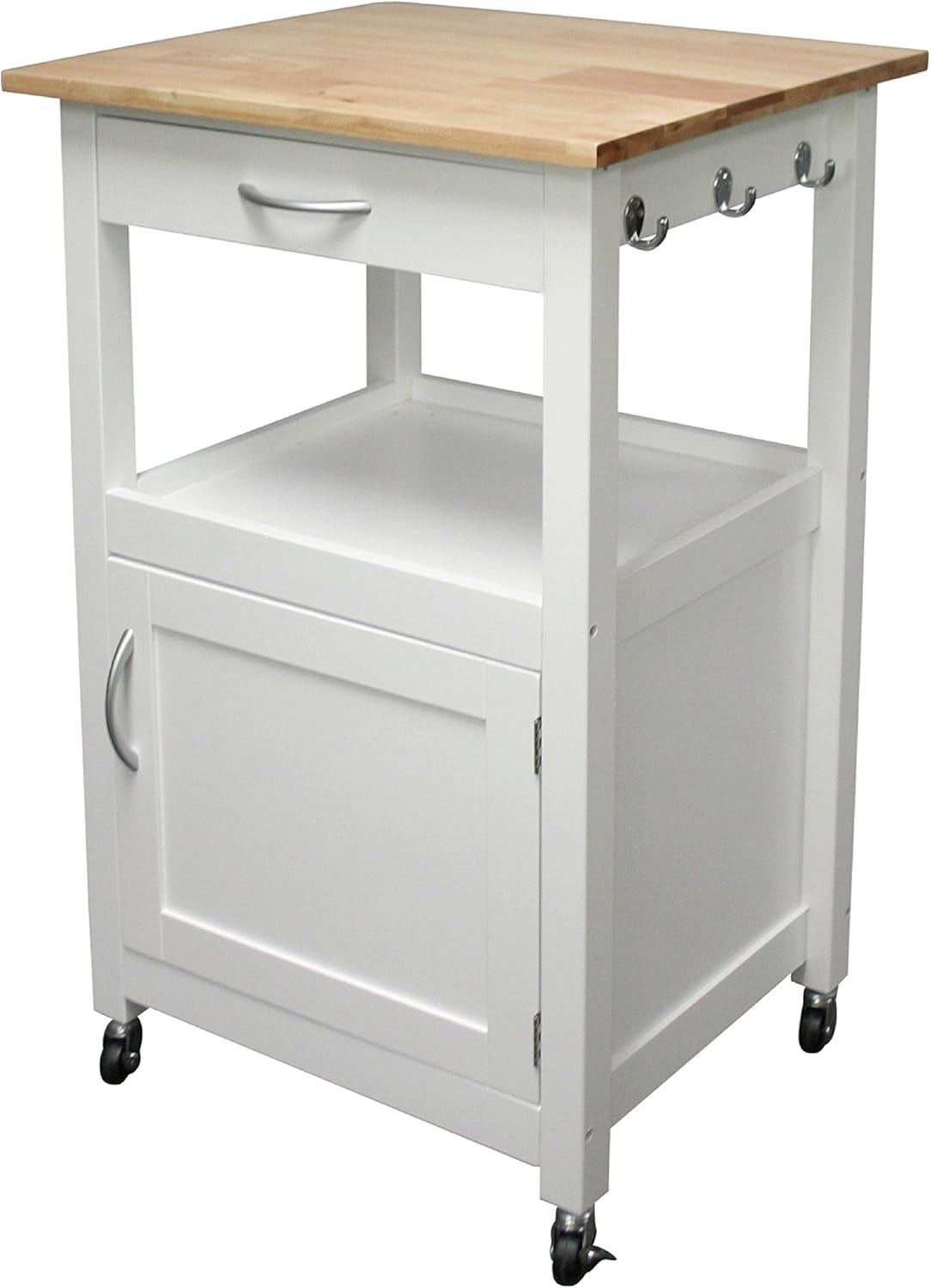 eHemco 1-Door Kitchen Island Cart on Wheels with Drawer, Storage Cabinet, Shelf and Natural Solid Hardwood Top, 34.75 Inches Height, White Base