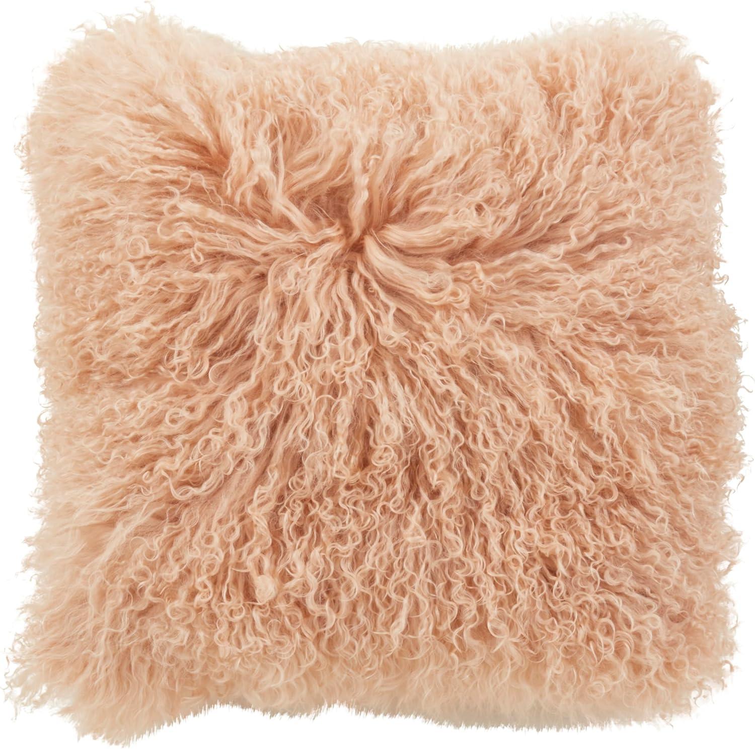 Saro Lifestyle 100% Wool Mongolian Lamb Fur Throw Pillow With Poly Filling, Peach, 16" x 16"
