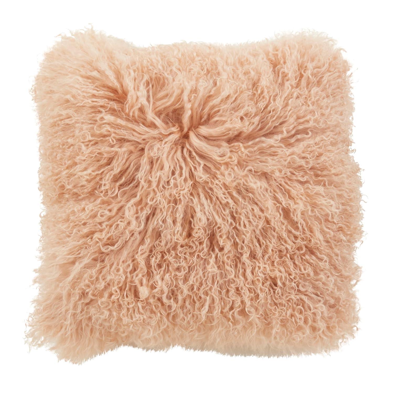 Saro Lifestyle 100% Wool Mongolian Lamb Fur Throw Pillow With Poly Filling, Peach, 16" x 16"