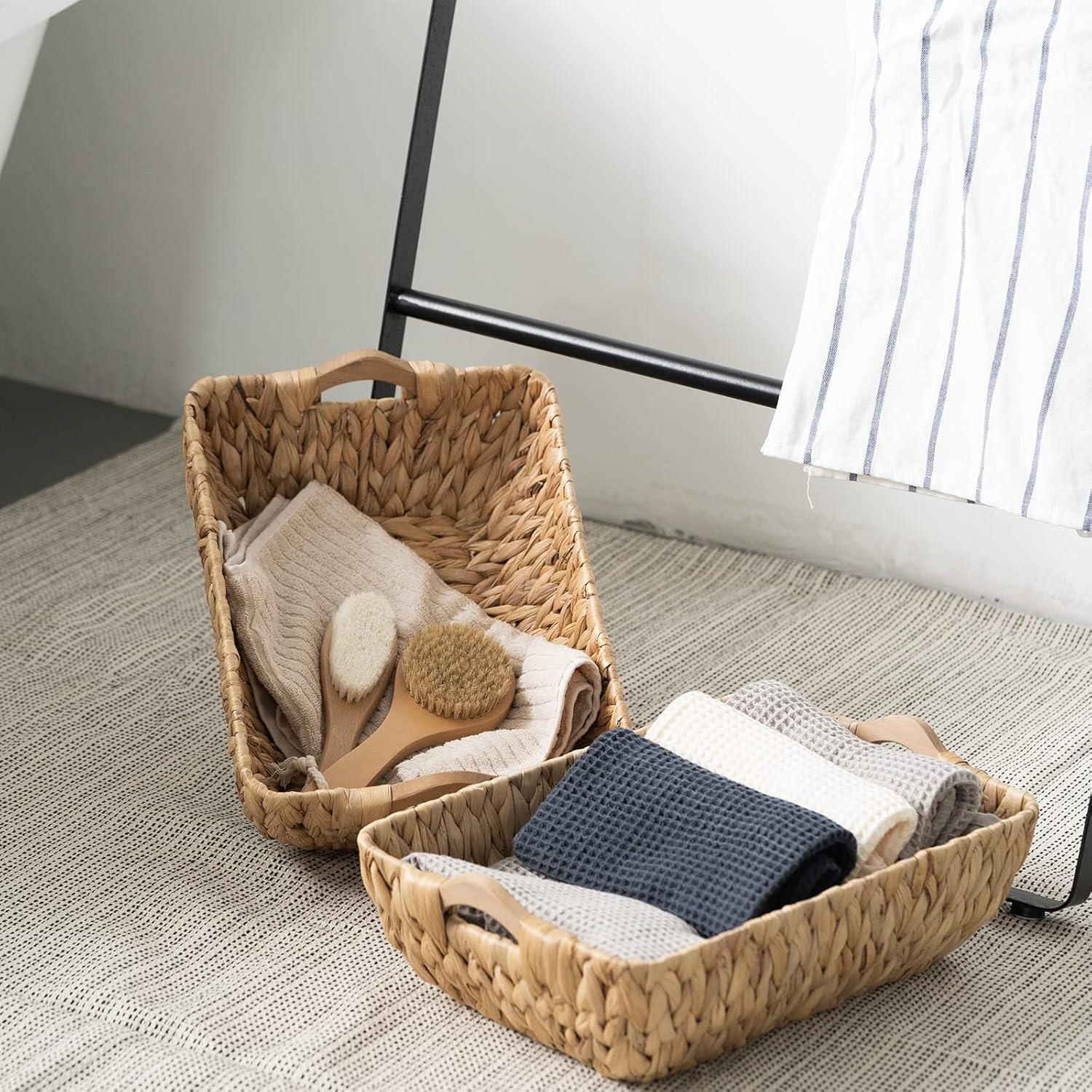 FairyHaus Wicker Baskets with Handles, Natural Wicker Basket for Organizing Shelves, Small Hand Woven Water Hyacinth Storage Baskets Set of 2, 14.96x10.04x4.73